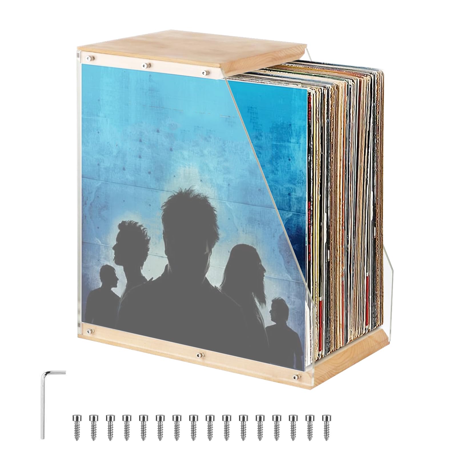 Schallplattenständer, 33,4 x 20 x 35 cm Vinyl-Schallplattenhalter aus Acryl und Massivholz Transparent Aufbewahrungsbox für Schallplatten mit Offenes Design für Vinyl-Enthusiasten und Musikliebhaber
