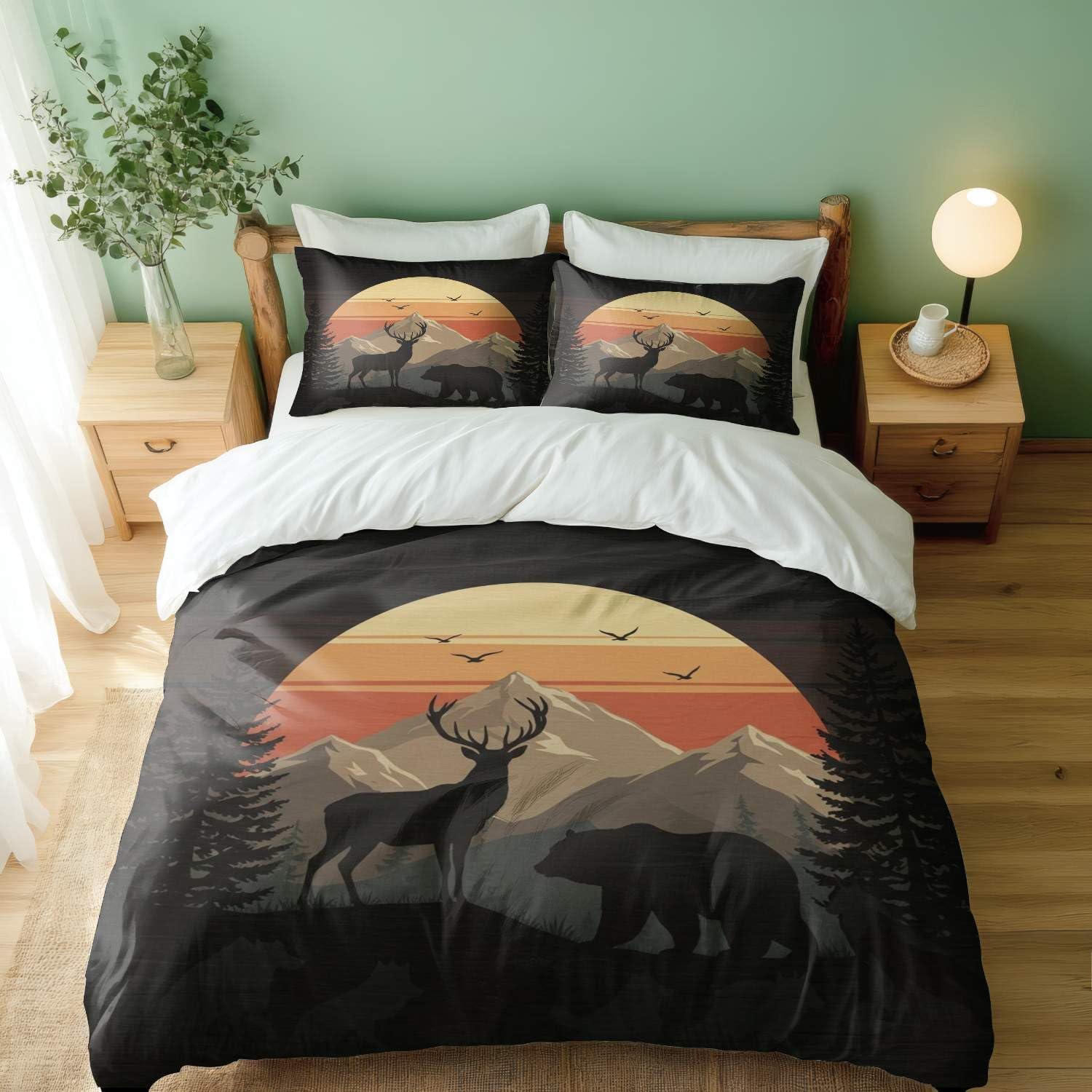 Parure de lit finition premium motif silhouette de coucher de soleil et d'ours scandinave