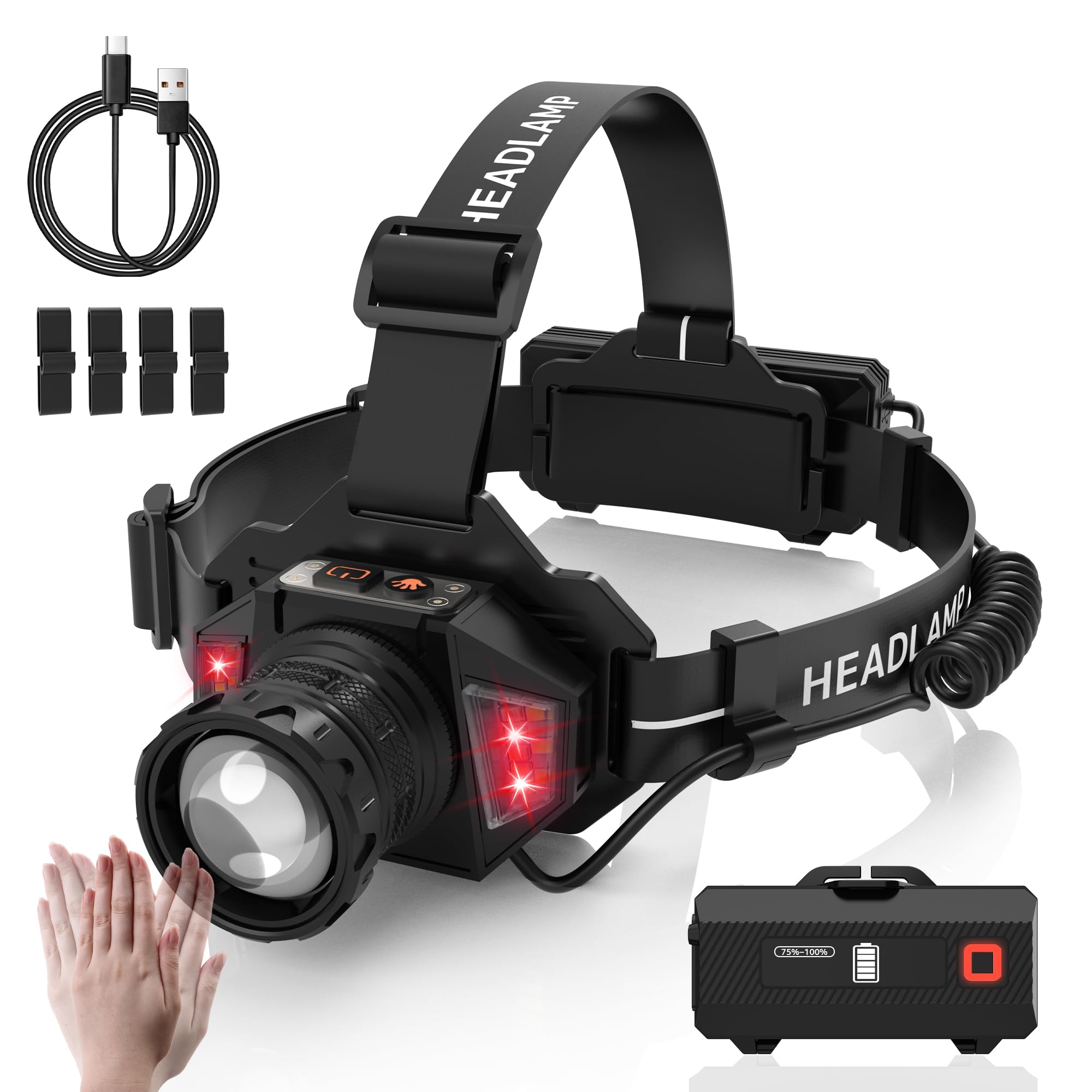 Torcia frontale ricaricabile con zoom e luce laterale rossa, 4000 lm, con sensore di movimento, luci a 3 colori, impermeabile IP65, regolabile a 90°, per escursionismo, pesca, campeggio