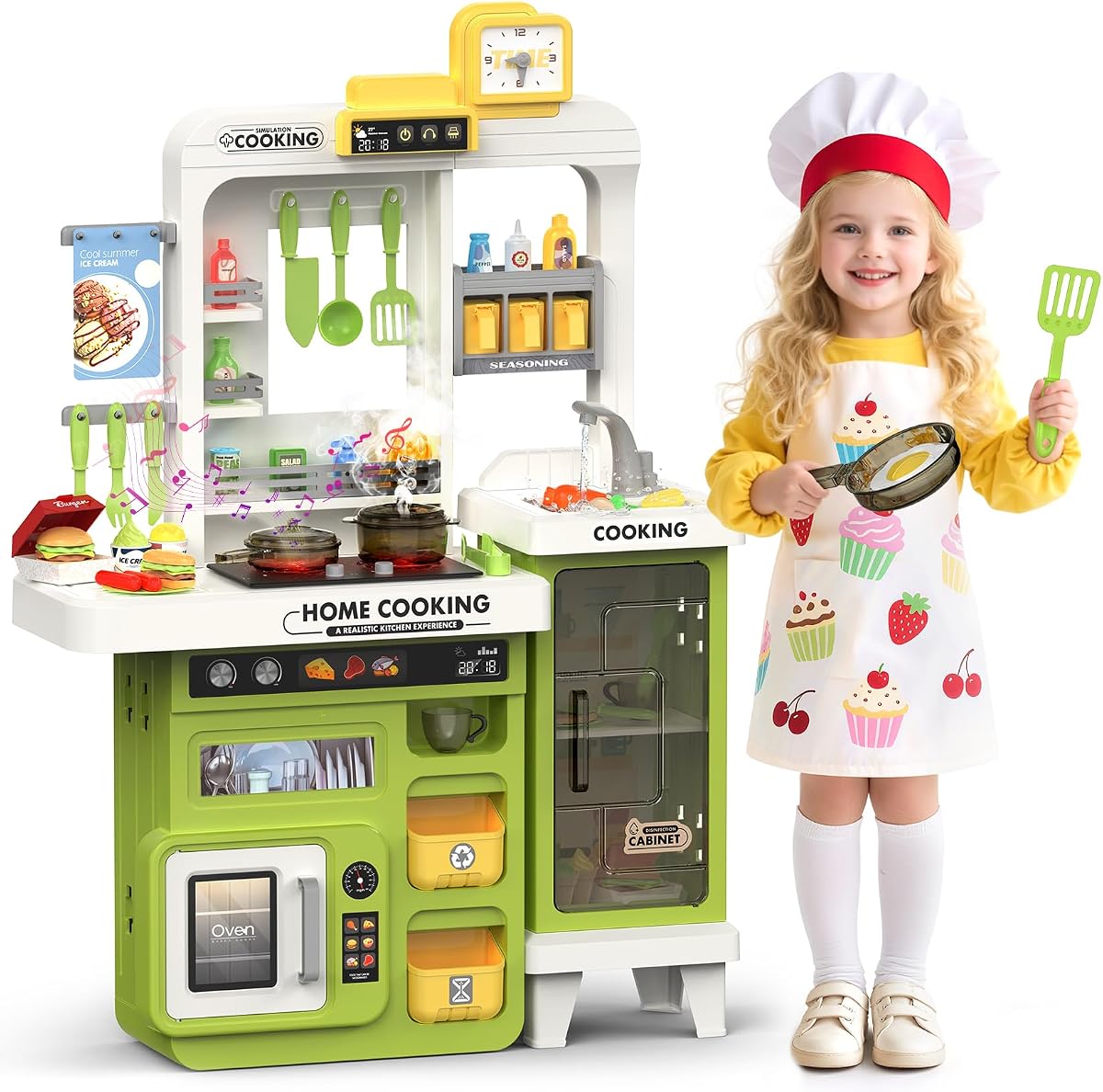 Kids Kitchen Playset, 68 PCS Toddler Kitchen Playset for Kids 3-5 | 32.2IN Play Kitchen with Spraying, Light & Sound, Cooking Stove, Play Sink, Oven and Toy Kitchen Accessories (Green)