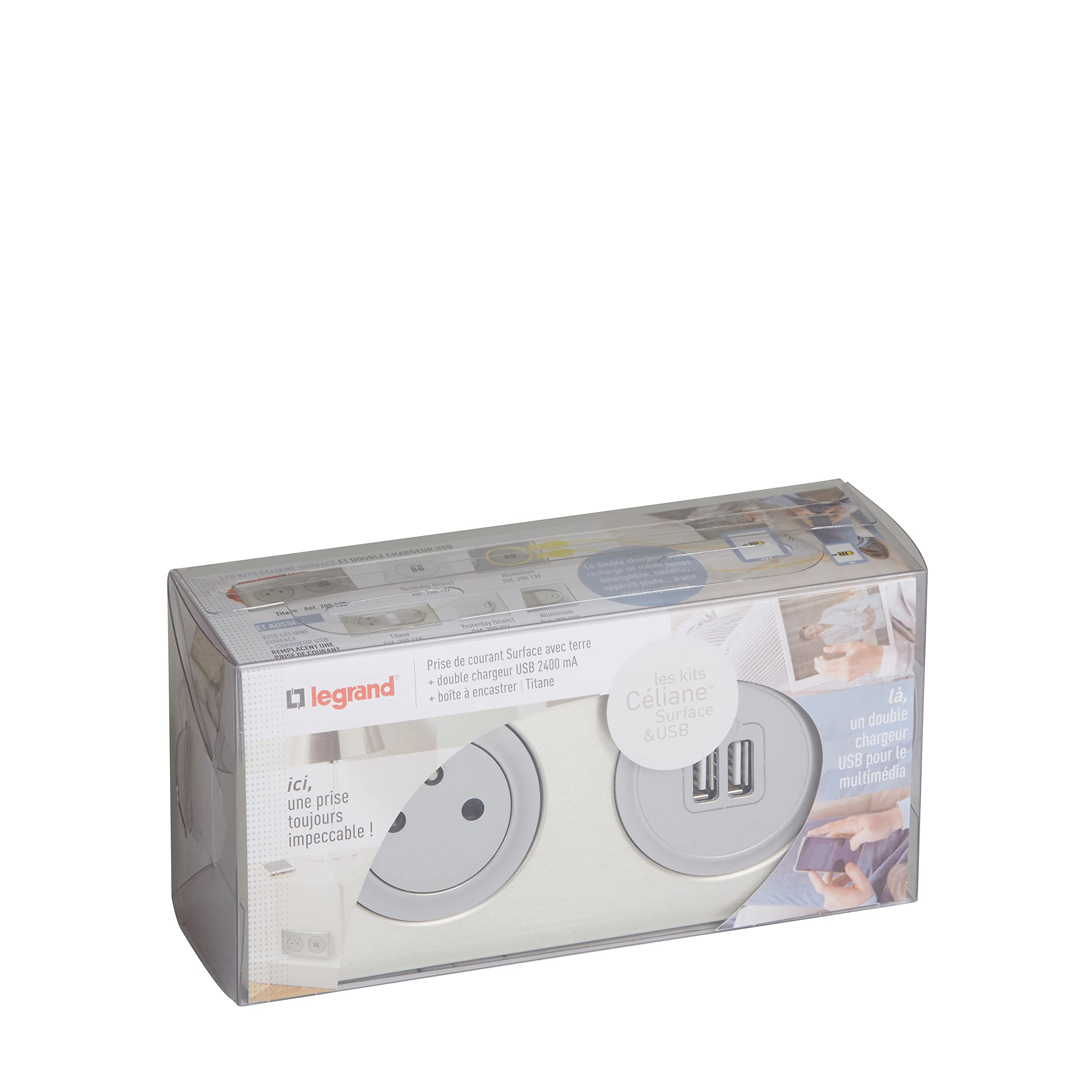 Legrand 200138 embellecedora Kit con USB doble toma dos polos/tierra empotra, 230 V, Titanio