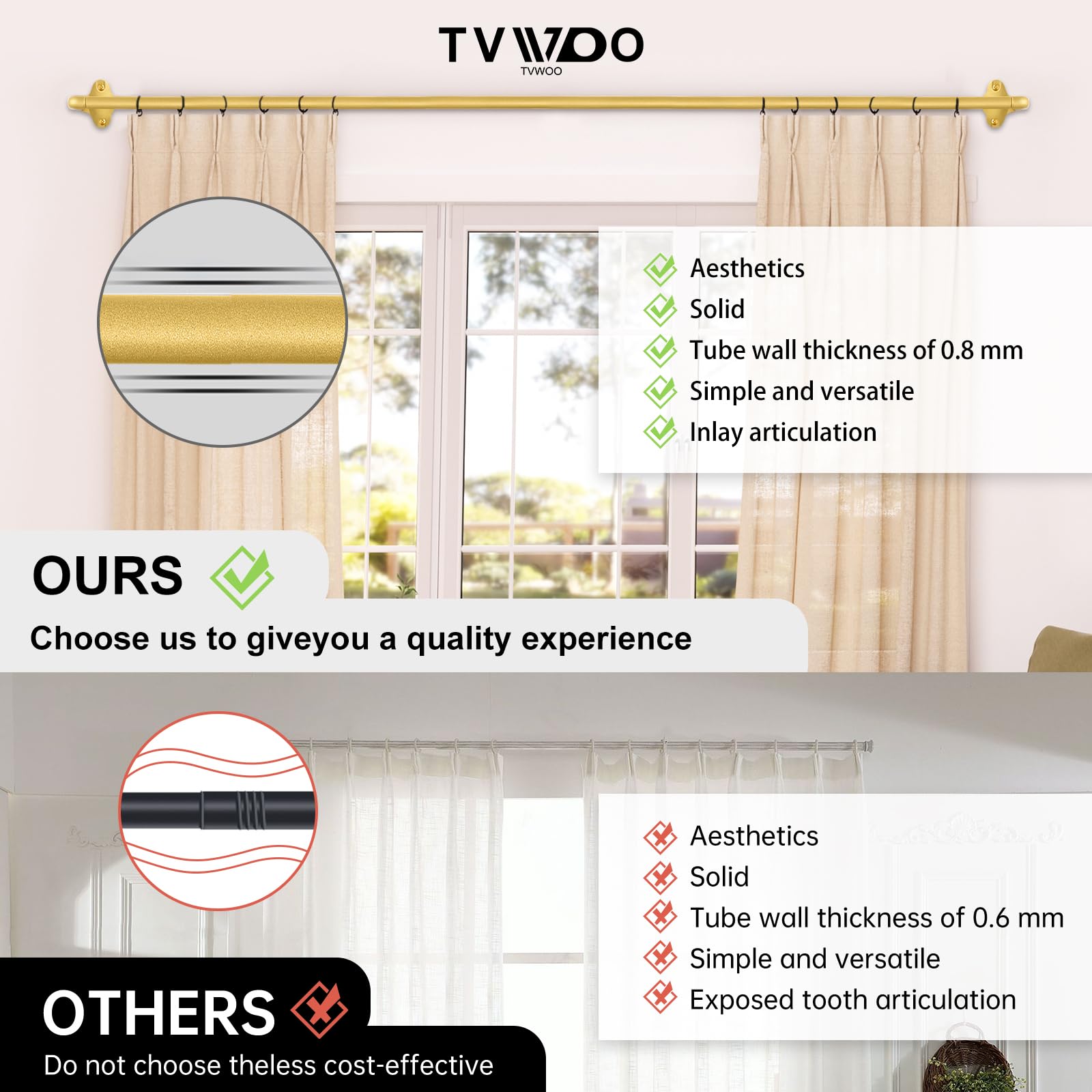 TVWOO Tringles à rideaux enveloppantes occultantes et ajustables de 1,6 cm de diamètre pour obscurcissement de chambre, cuisine, appartement, faciles à installer, 167,6 à 304,8 cm, laiton doré