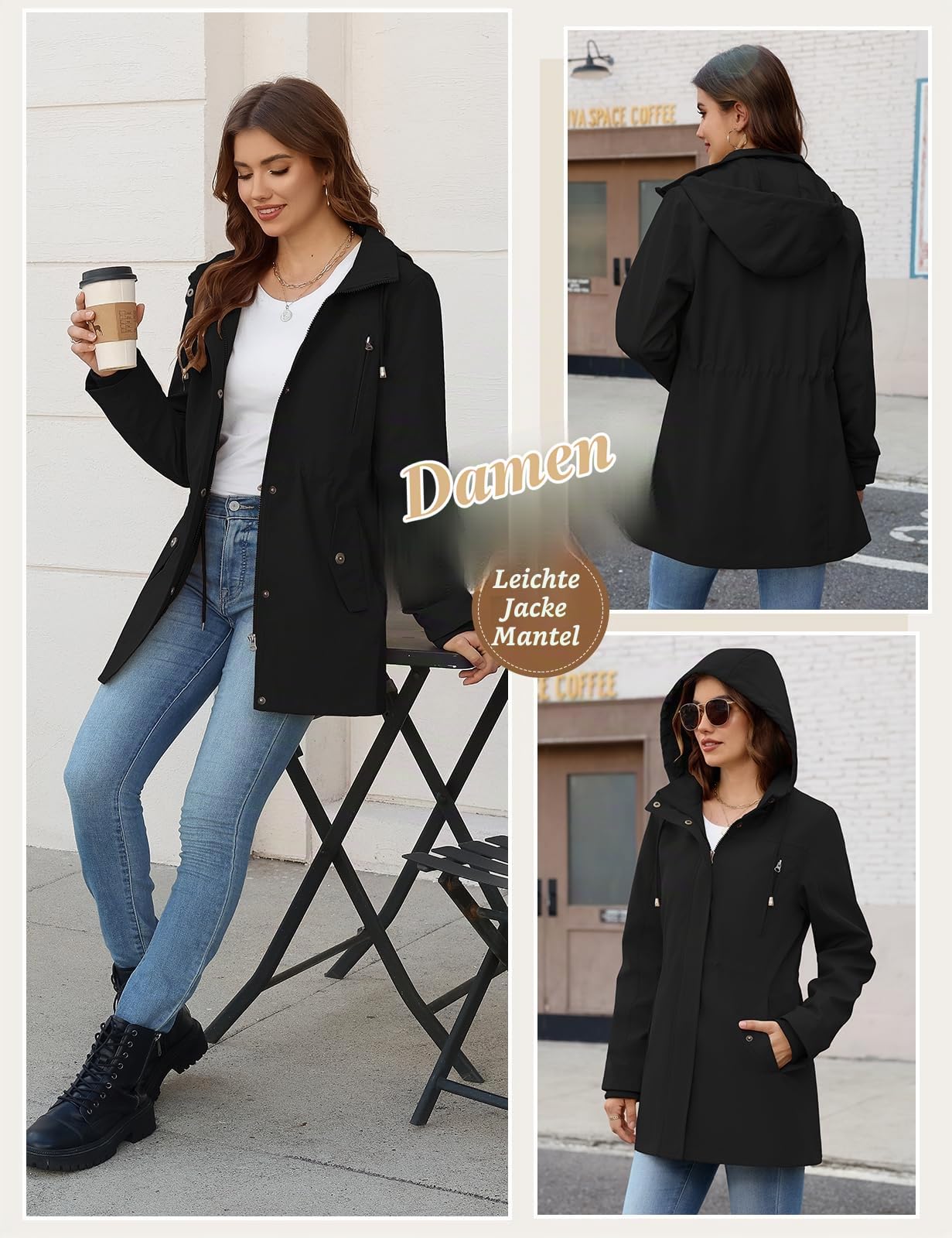CMTOP Jacke Damen Leichte Atmungsaktiv Jacken Casual Übergangsjacke Wasserabweisend Winddicht Parka Jacket Zip Up Blouson Mantel mit Abzippbarer Kapuze für Frühling Sommer Herbst