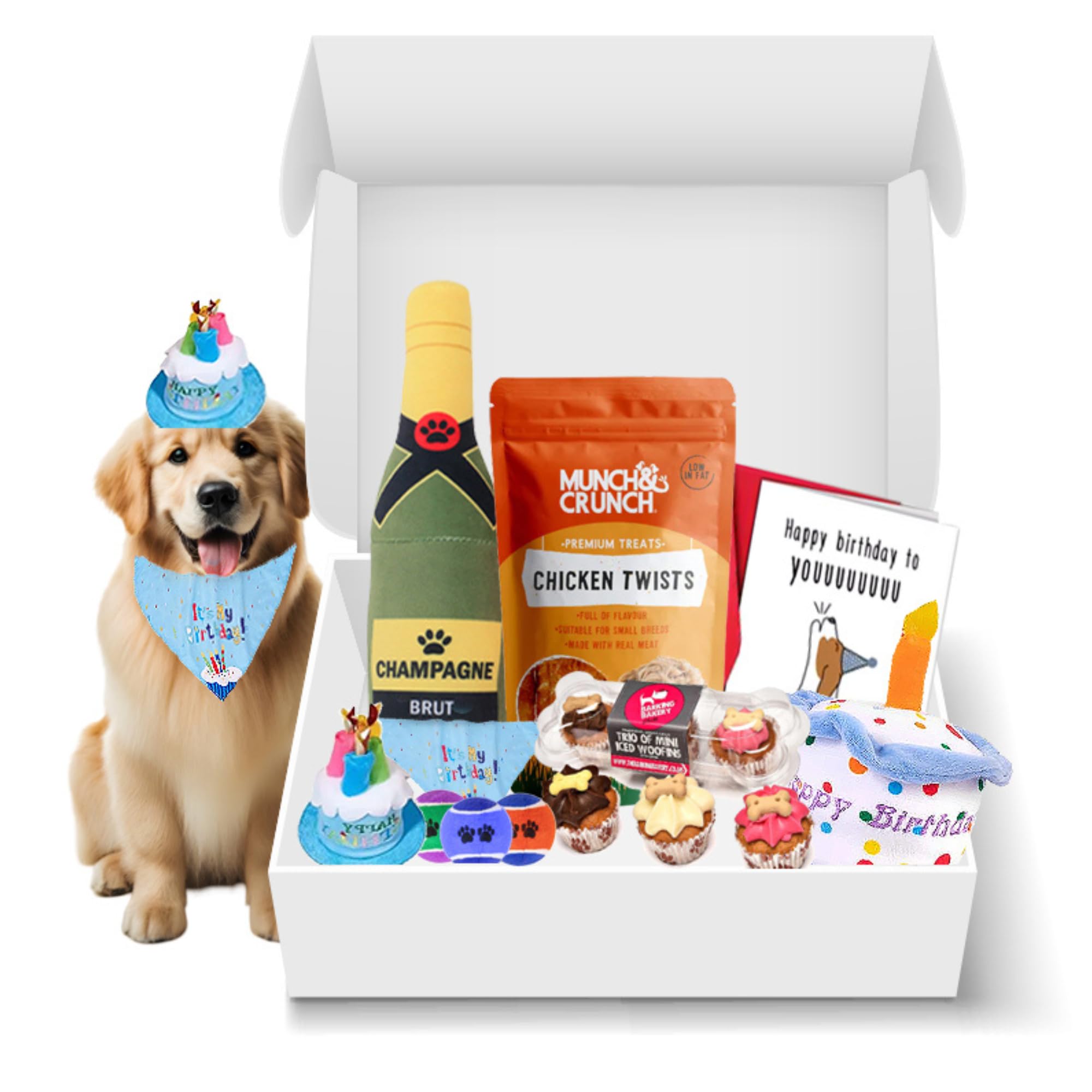 Dog Birthday Hamper Premium Gift Set for Boy Dogs | Includes Barking Bakery Iced Woofins, Cake Toy, Hat & Bandana, Card, Champagne Toy, Treats & Tennis Balls | Perfect Birthday Present for Dogs