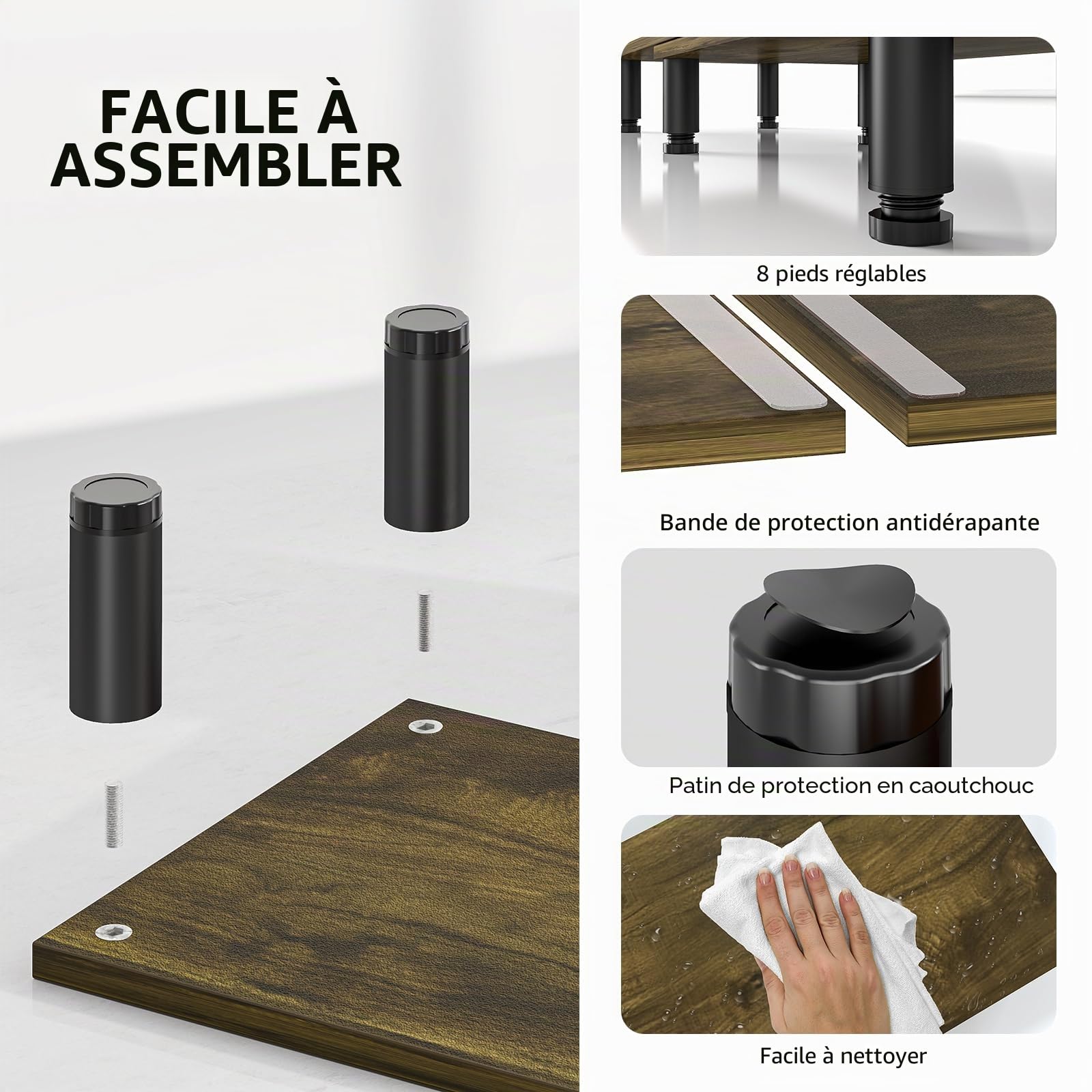 Support de moniteur double avec pieds en acier à hauteur réglable, support de moniteur en bois pour bureau, rehausseur de moniteur pour 2 moniteurs avec espace de rangement