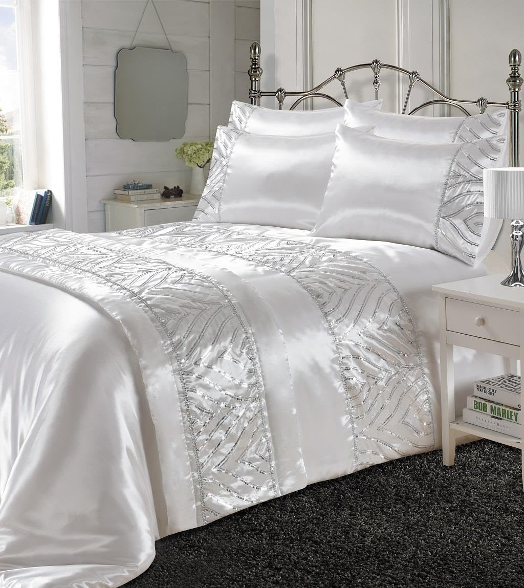 Kampala Hill Shimmer Sequin Embellished Duvet Cover Set Modern Bedding White Double