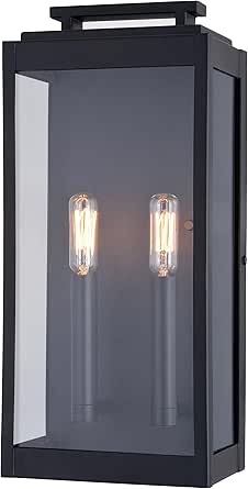 VAXCEL Hampton 15.5 in. H 2-Light Textured Black Transitional Outdoor Wall Sconce Made of Durable Metal, Clear Glass Shade, LED Compatible, Use for Exterior Porch Patio Front Door or Garage