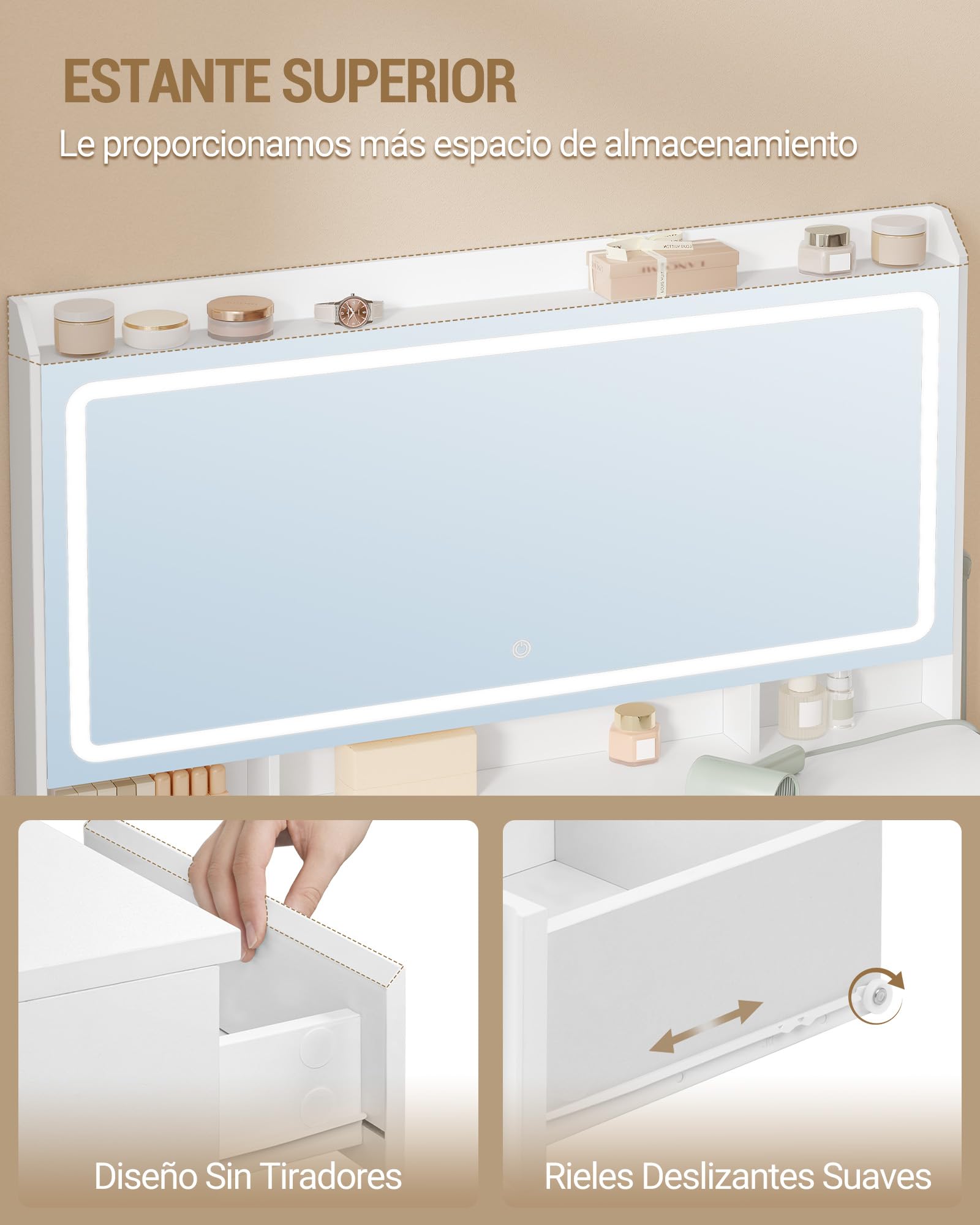 Hzuaneri 108 cm Tocador de Maquillaje, Tocador con Espejo HD Grande, Luces LED Regulables y Enchufes, 11 Cajones, 3 Compartimentos de Almacenamiento y 1 Estante Superior, Blanco DT43003XEU