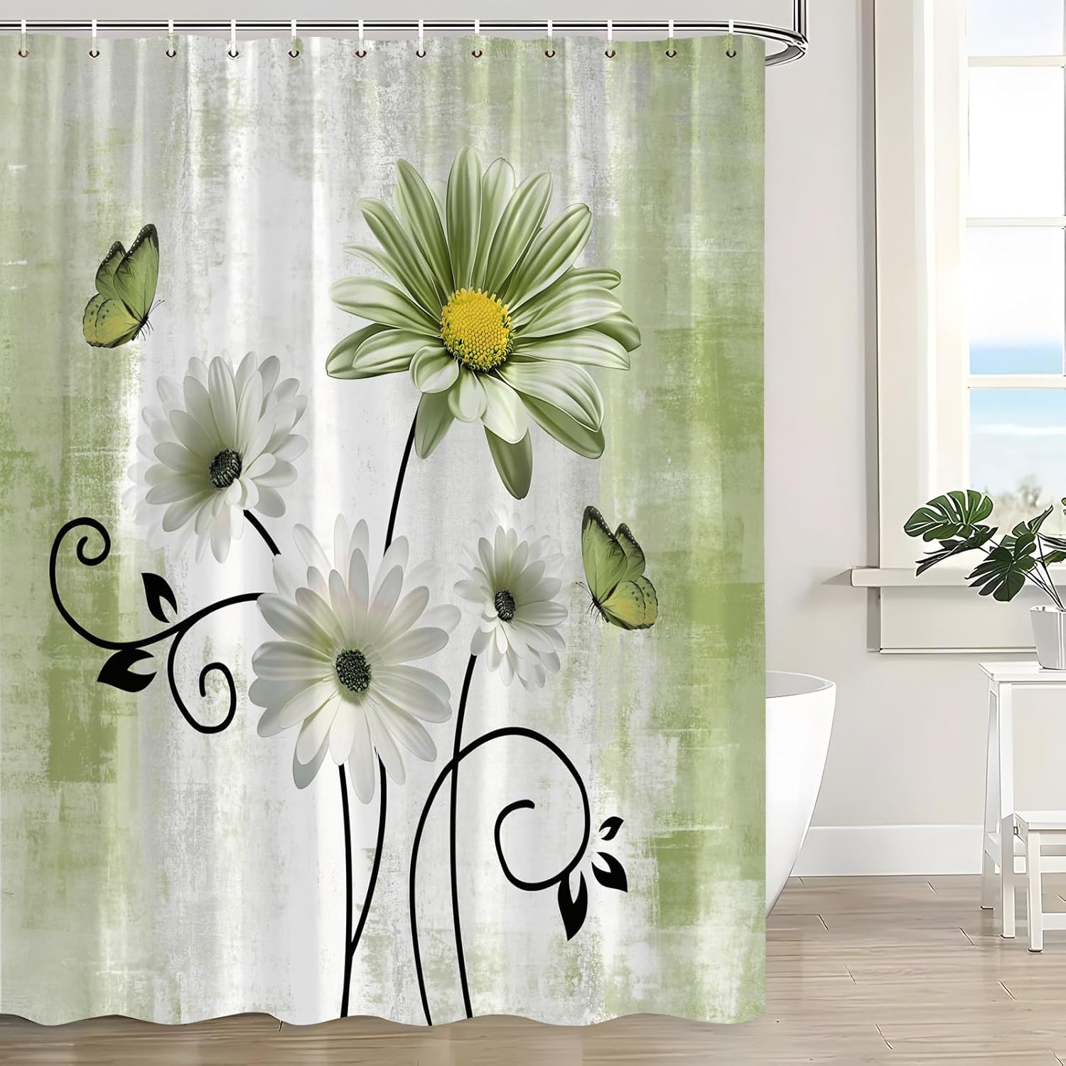 Rustic Farmhouse Shower Curtain Sage Green Daisy Floral Flowers and Butterfly Country Abstract Art Bath Curtain with Hooks