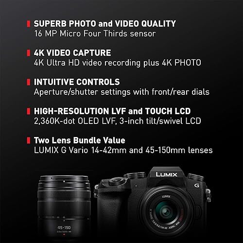 Miniatura 3 de Panasonic Lumix DMC-G7 Mirrorless Camera with Lumix G Vario 14-42mm and 45-150mm Lenses Lens, Black - Bundle with Camera Case, 32GB SDHC Card,