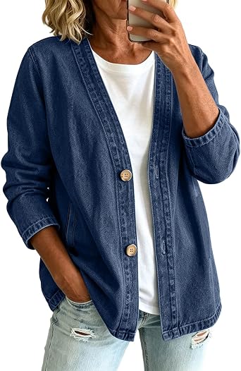 Denim Jacket For Women Classic Button Front Breathable Stretch Relaxed Fit Lightweight Long Sleeve Cardigan Coat