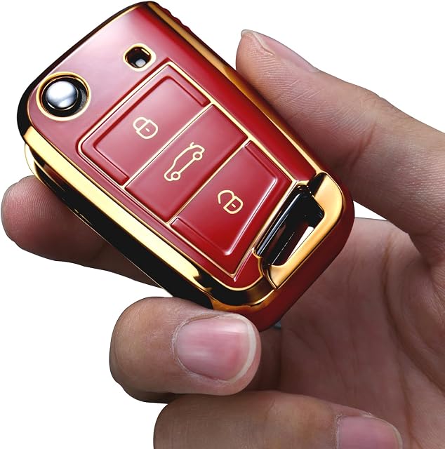 OATSBASF Etui na kluczyki samochodowe VW, kompatybilne z VW Golf 7 MK7, etui na klucze, etui na klucze, do VW Polo, Skoda, Tiguan, 3 przyciski (J czerwone)