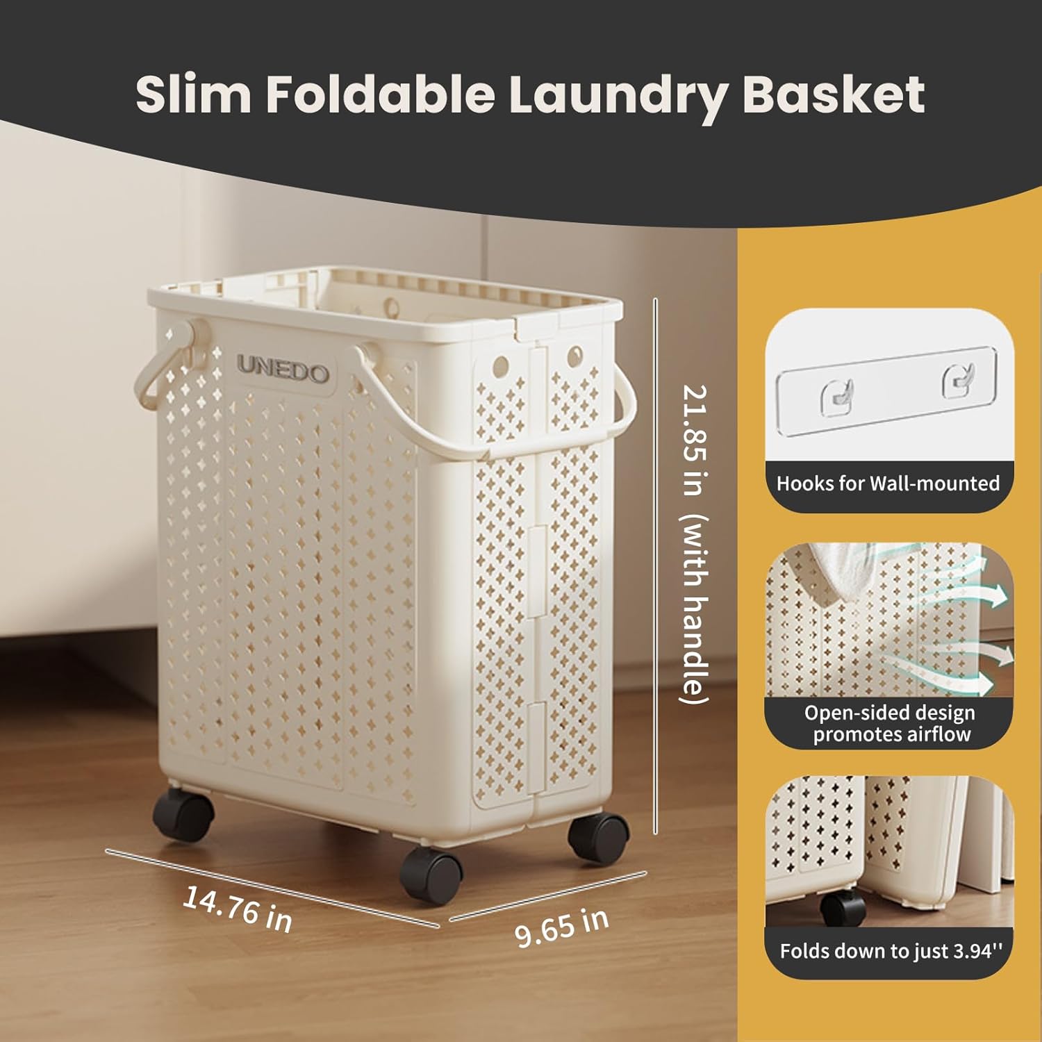 40L Small Collapsible Children's Laundry Basket with Wheels & Handle,Short and Slim Foldable Laundry Hamper for Apartment,Gym,Dorm,Fits Tight Spaces