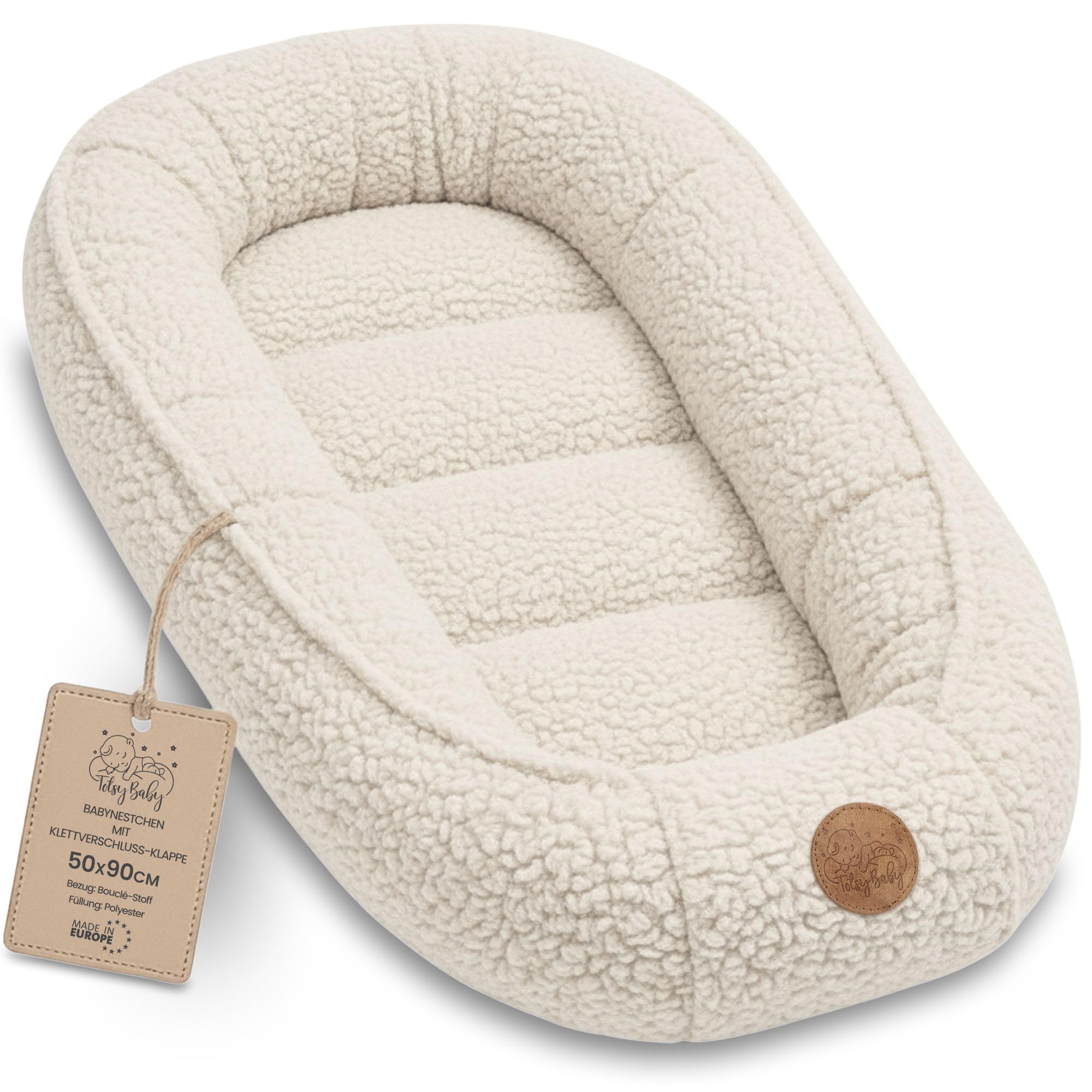 Babynest Nestchen Baby aus Teddy Plüsch 90x50 cm - Babynestchen Neugeborene Nest für Kinder Bett und Babybett tragbar Kuschelnest Coccon für Jungen und Mädchen Cremefarben