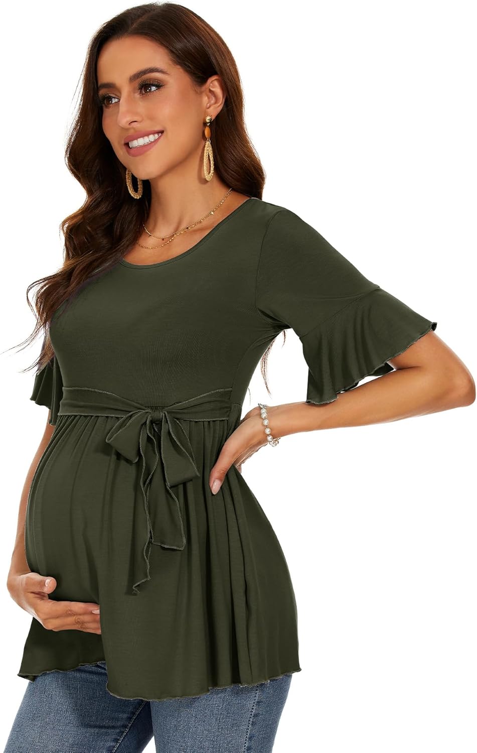 Women's Ruffle Maternity Tops Short Sleeve Wrap Tie Front Shirts Pregnancy Clothes