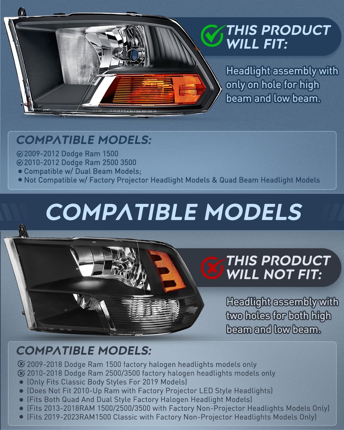 Nilight Headlight and Taillight Assembly Combo Compatible with 2009 2010 2011 2012 Dodge Ram 1500 2500 3500 OE Style Black Housing Amber Reflector with Dark Red Housing Tail Lights