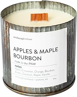 Anchored Northwest - Apples & Maple Bourbon Scented Rustic Vintage Candle, 10oz Corrugated Metal Tin, American Cedar Wood Wick, Hand Poured, Essential Oil Blend 100% Soy Wax, 60 Hour Burn