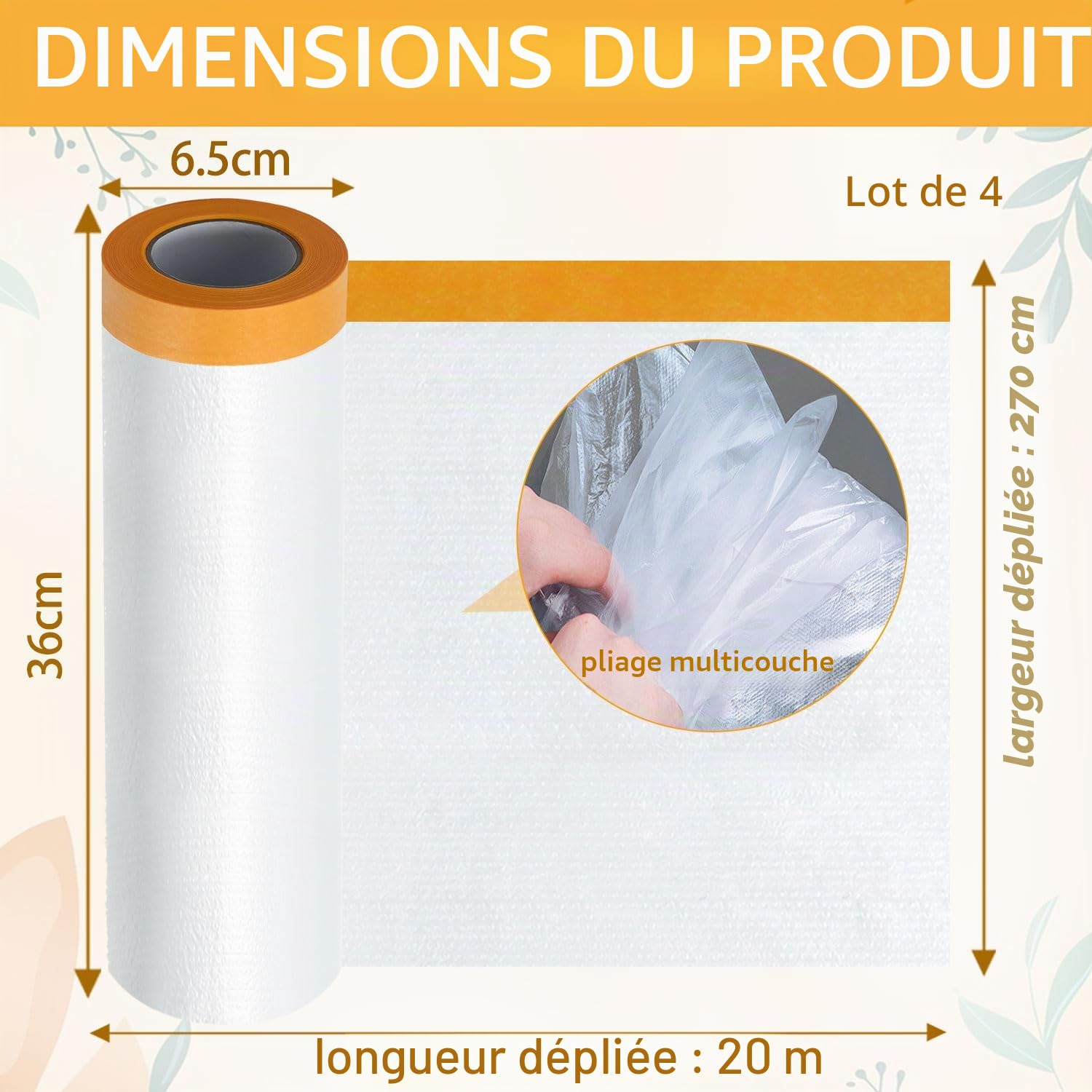 4 Rouleaux Bâche de Protection Peinture 270cm x 20m -Film de Masquage Peinture Imperméable Anti-Poussière - Pour Sol, Automobile & Meubles