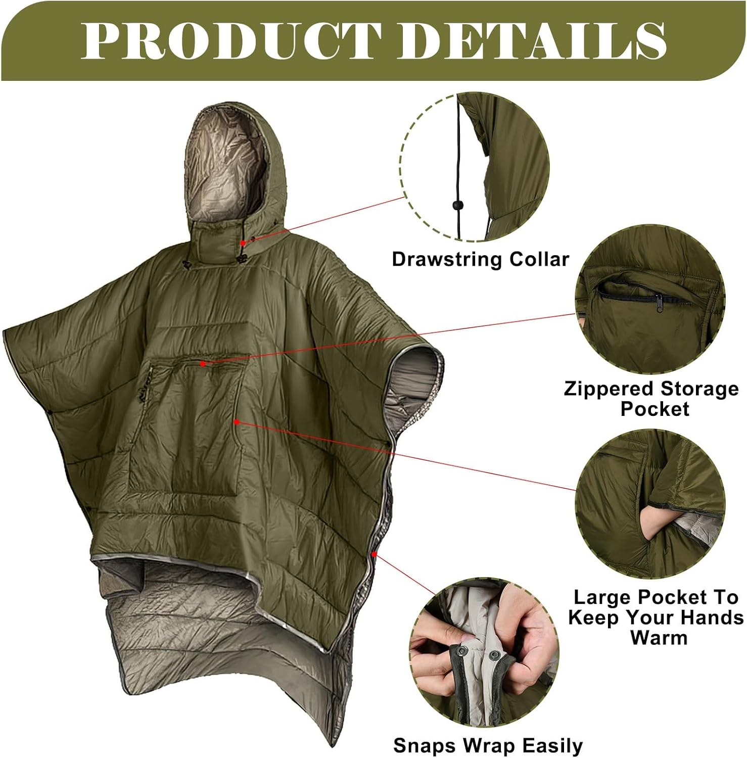 XhuangTech Poncho Camping Blanket 55’’×79’’, Waterproof Wearable Sleeping Bag with Snap Buttons and Elastic Band, Compact Lightweight Warm Quilt for Outdoor Camping Travel Hiking (Green)