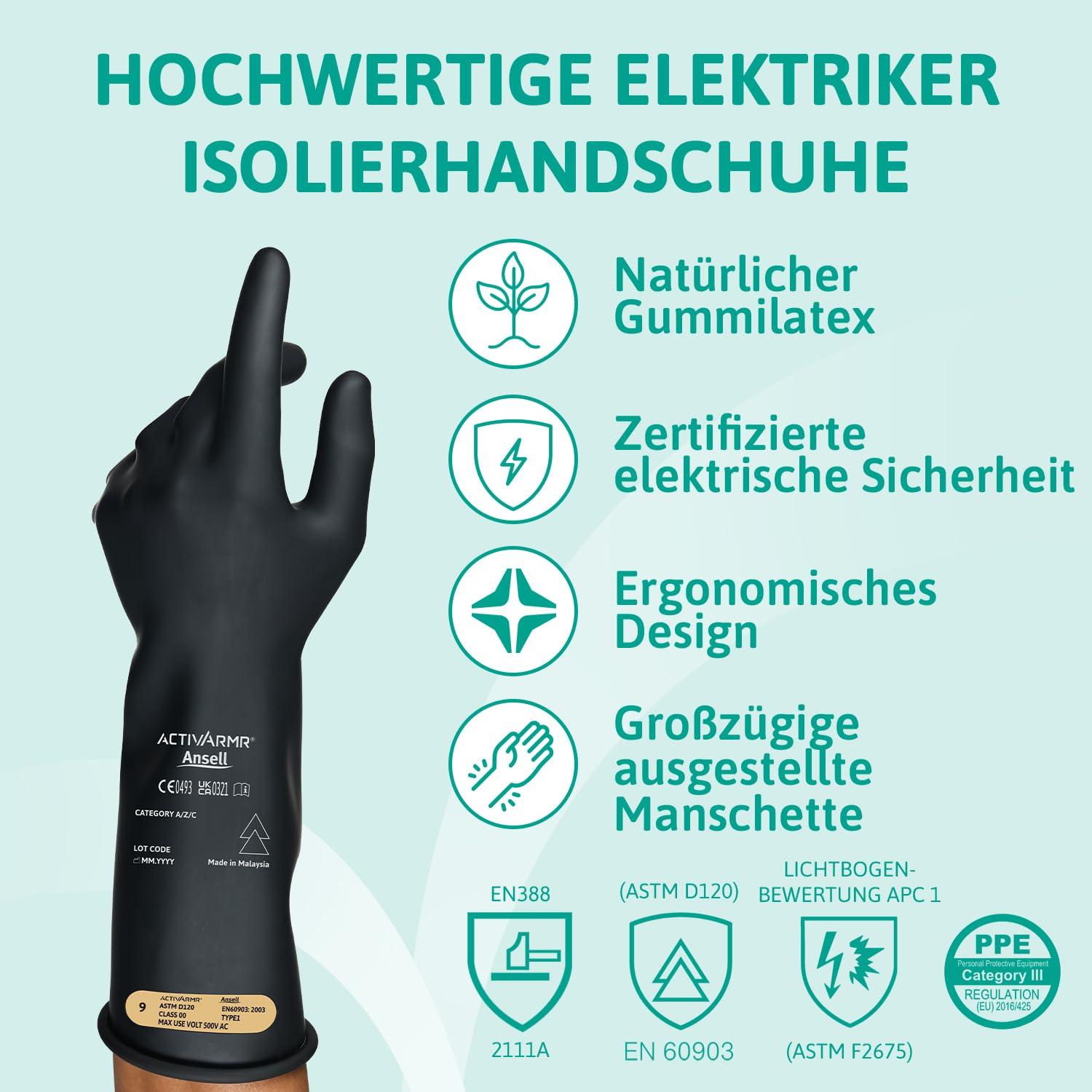 Ansell ActivArmr Elektriker-Schutzhandschuhe, Elektroschutz Klass 00 (500V), Elektrisch Isolierende Gummihandschuhe, Professionelle Arbeitshandschuhe 36cm, Schwarz, Größe M (1 Paar)