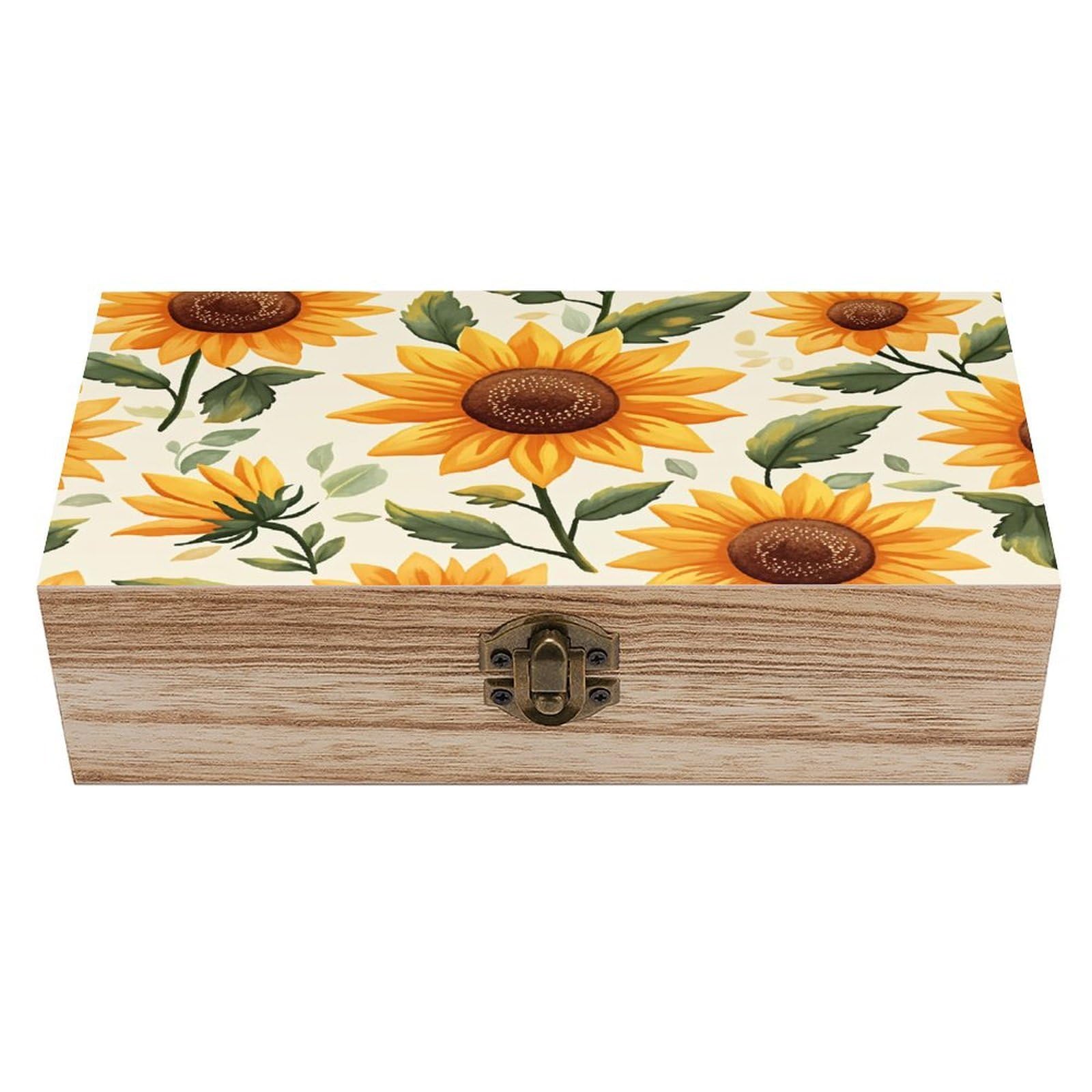 HLBSDM Sunflower Floral Vintage Wooden Keepsake Box with Hinged Lid And Locking Clasp, Decorative Storage Box for Jewelry, Trinkets And Small Accessories, Organizer for Home Or Wedding