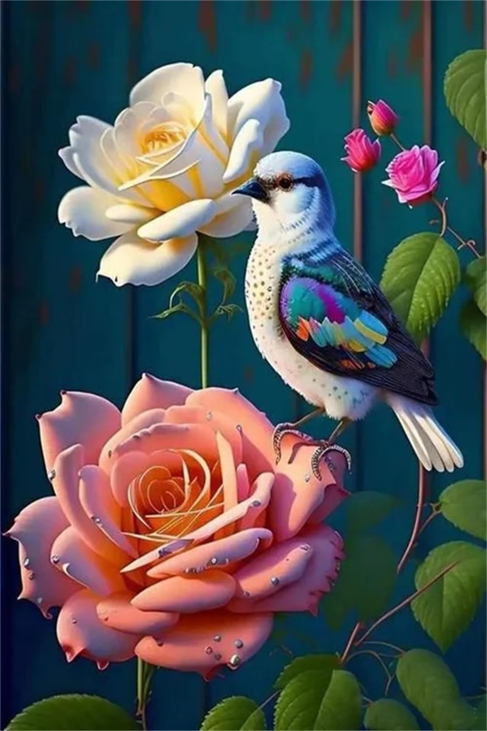 Broderie diamant adulte fleurs et oiseau 90x120cm, une œuvre d'art murale à réaliser S-6961