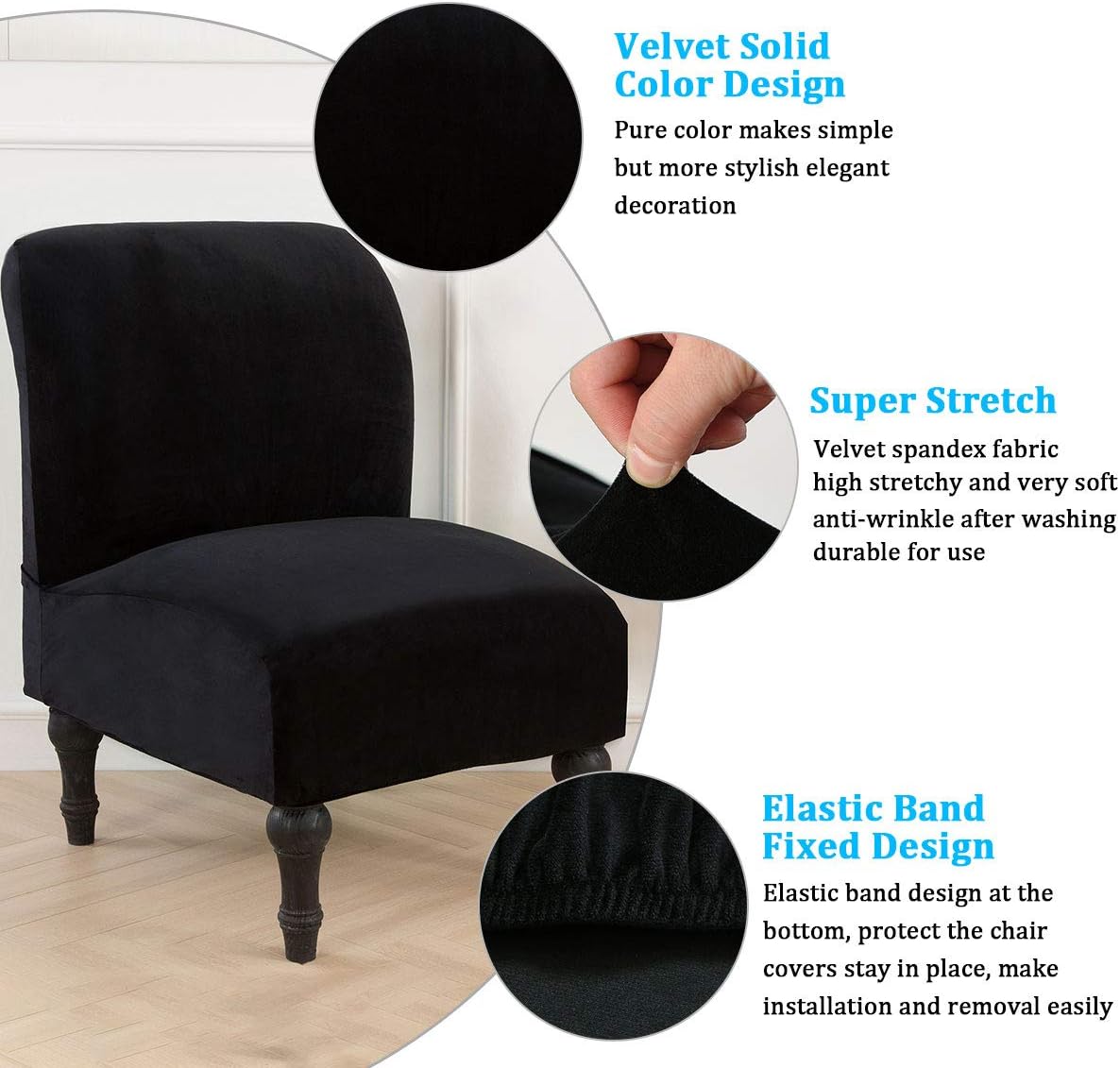 MIFXIN Armless Accent Chair Cover Velvet Stretch Slipcover for Slipper Chair Without Arms Soft Washable Chair Couch Furniture Protector Cover for Living Room Bedroom Hotel (Black, 1 Pack)