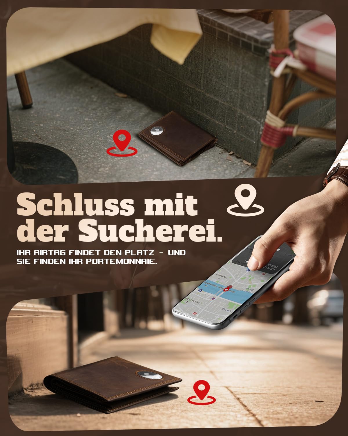 DODENSHA Portmonee Herren mit Airtag Fach und RFID Schutz | Geldbörse Herren aus 100% Echtleder mit XL Münzfach für 20 Münzen | Smart Wallet für 13 Karten in Geschenkbox (Dunkelbraun)
