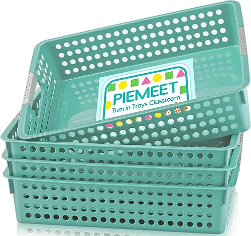 4 Pcs Turn in Trays Classroom, A4 Paper Trays for Classroom with Handles, Paper Organizer Baskets, Stackable Plastic Storage Baskets for Library