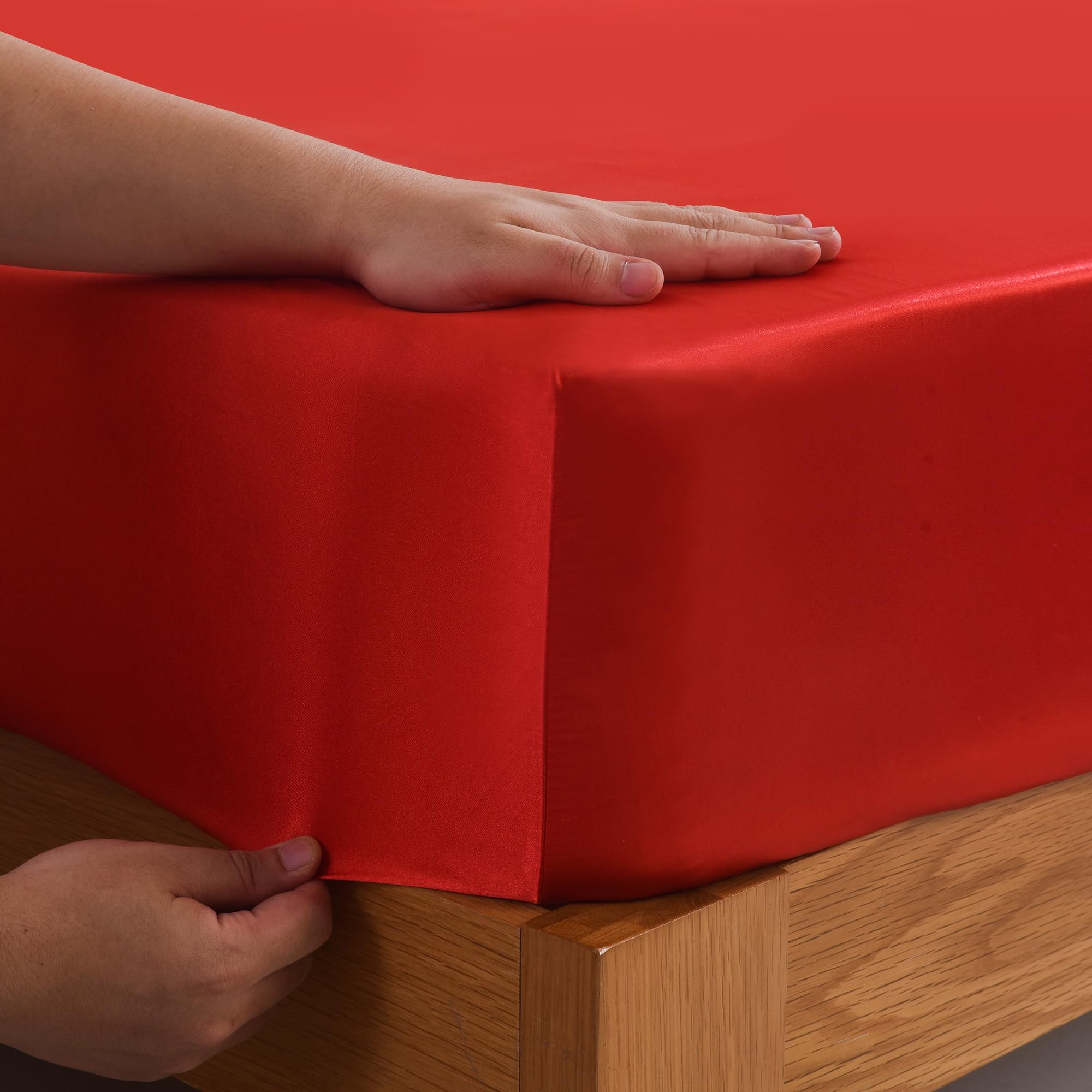 ROOEE Satin Silk Fitted Sheet with Pillowcase Set Breathable Soft Bedding Brushed Fabric Wrinkle - Image 3