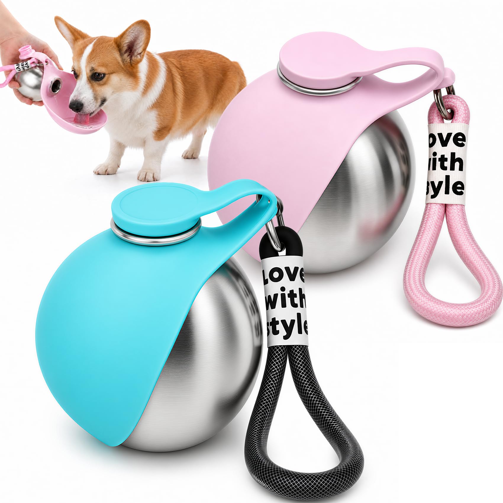 Trinkflasche Hunde für Unterwegs, 2 Stück Hundetrinkflasche für Unterwegs, 285ml Edelstahl Auslaufsichere Hunde Trinkflasche mit Faltbarem Silikonnapf für Spaziergäng, Wanderungen, Reisen, Camping