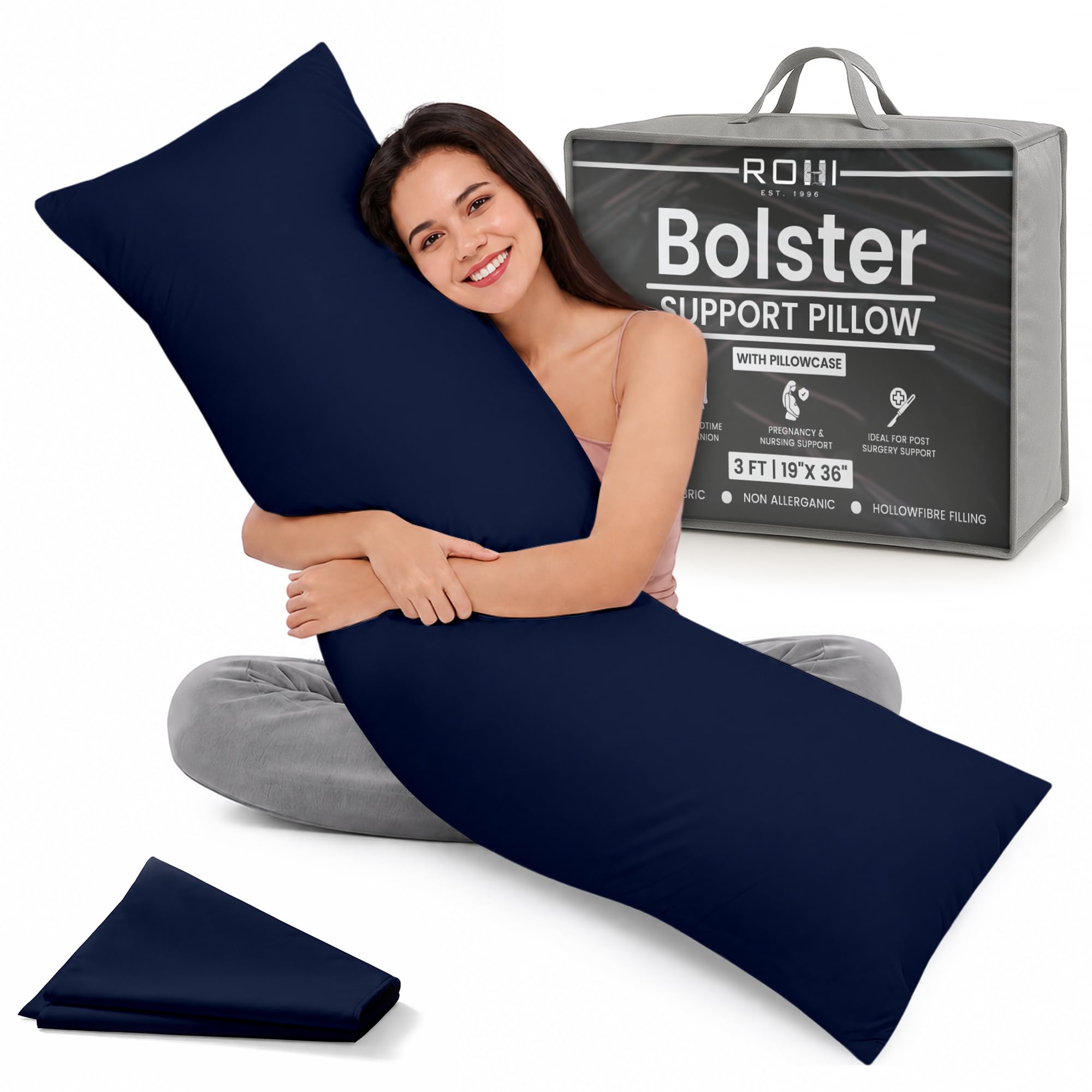 Rohi 4ft Full Body Pillow with Navy Pillowcase–Hollowfibre Filling – Orthopaedic 19"x 48" Double Bed Size Long Pillow –Bolster Pillow for Maternity, Back & Neck Support –Side Sleeper pillow