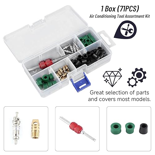 Miniatura 6 de 71 juntas de manguera HVAC Kit de reparación de aire acondicionado incluye 10 núcleos de válvula, 50 juntas de manguera, 10 válvulas y herramientas