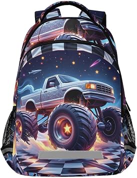 ALAZA Monster Truck Black White Checkered Backpacks for Girls Boys Back Pack Elementary School Bag Kids Bookbag Personalized Laptop Travel Daypack Students Rucksack