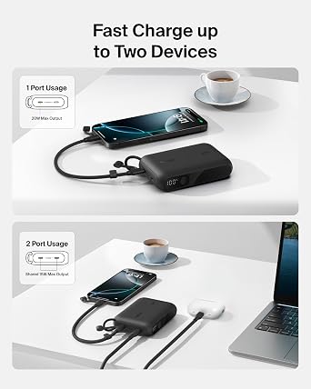 Belkin Portable Charger, Slim USB-C Power Bank 10,000mAh w/ 2 USB-C Ports, Digital Battery Display, 20W Charging Battery Pack - iPhone 17, Air, Pro, Samsung Galaxy S25, Pixel 10, iPad, More - Black