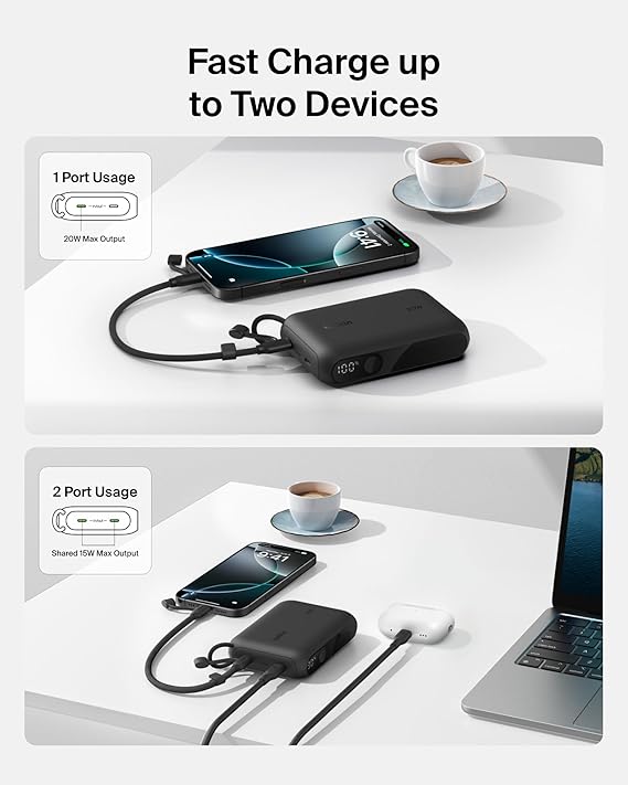 Belkin Portable Charger, Slim USB-C Power Bank 10,000mAh w/ 2 USB-C Ports, Digital Battery Display, 20W Charging Battery Pack - iPhone 17, Air, Pro, Samsung Galaxy S25, Pixel 10, iPad, More - Black