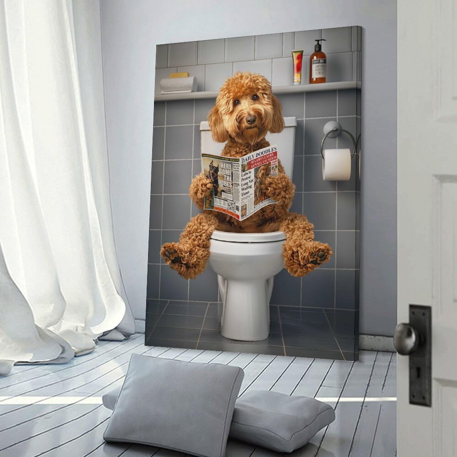 Junmoney Frame-Style-20 Canvas Art Print Goldendoodle On The Toilet, 24X36inch(60X90cm), For Contemporary Homes, Apartments Or Offices, Decorative Canvas Decor For Home Updates