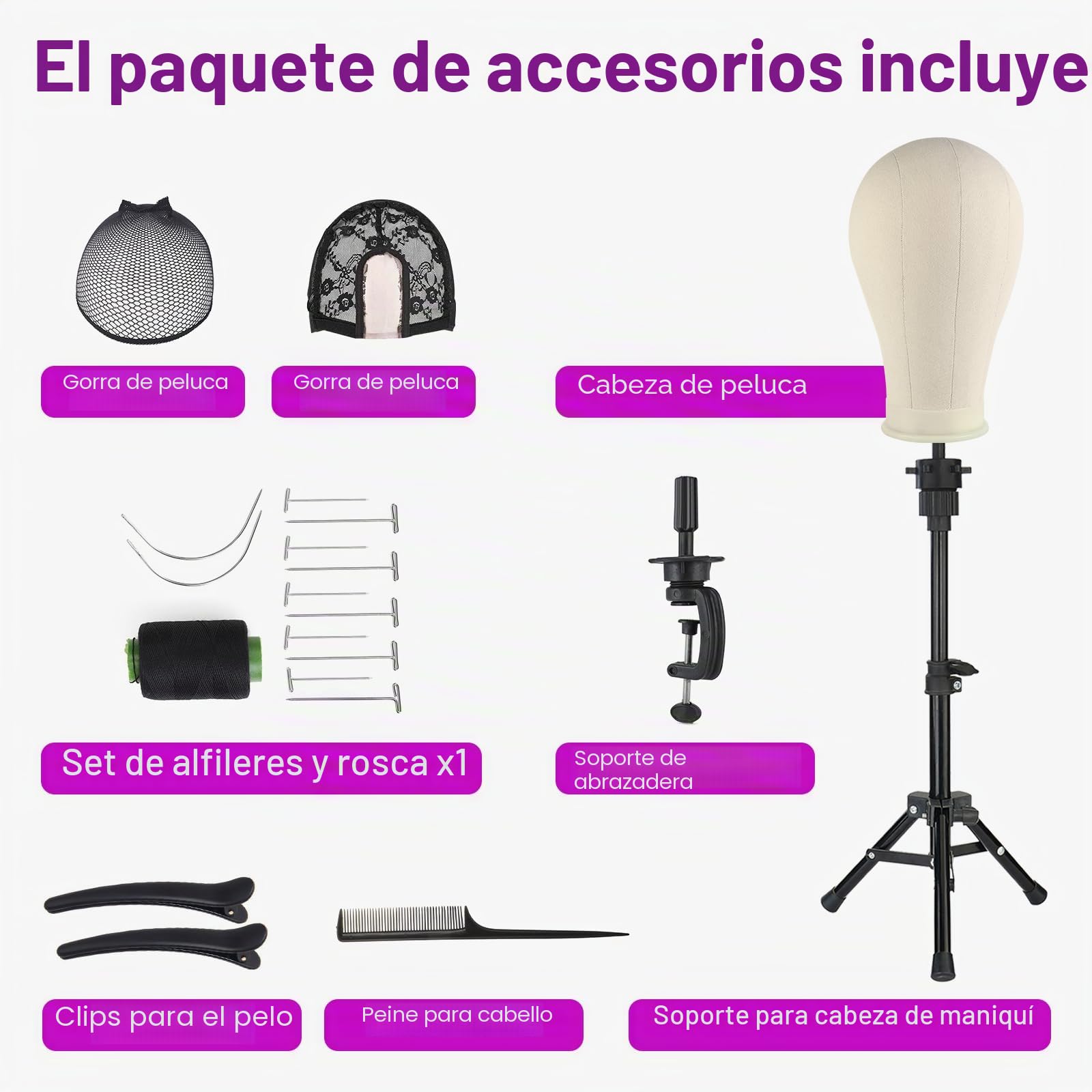Neverland 56 cm Cabeza Maniquí de Lona para Pelucas con Trípode, Blanco | Cabeza de Lona para para hacer y peinar pelucas, Trípode ajustable incluido, Incluye alfileres y cepillo de pelo