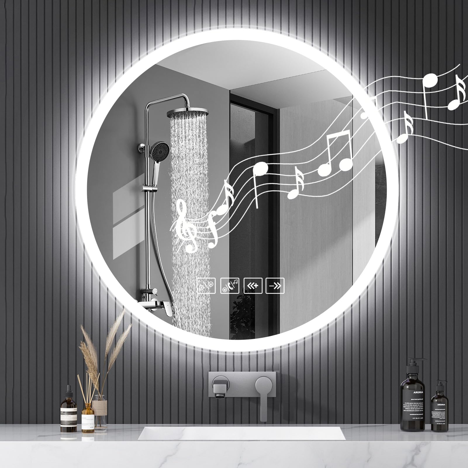 Specchio da bagno con luci LED da parete, antiappannamento, dimmerabile in 3 colori, LED, vetro temperato HD, specchio intelligente Bluetooth, bagno, 60 x 60 cm
