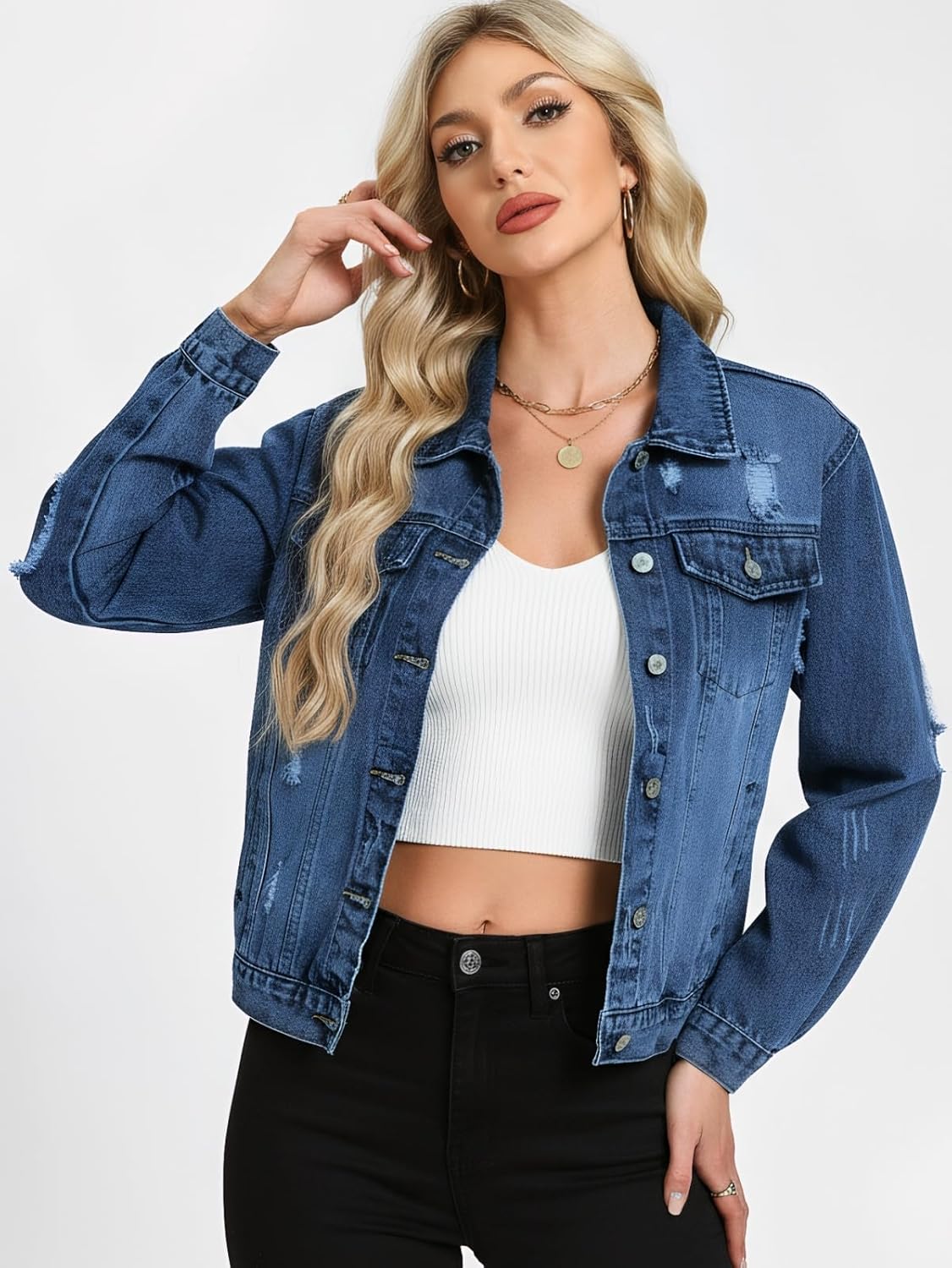 LifeShe Distressed Jean Jacket Women Basic Ripped Denim Jacket Fall Boyfriend Shacket 2026 Trendy - Image 4