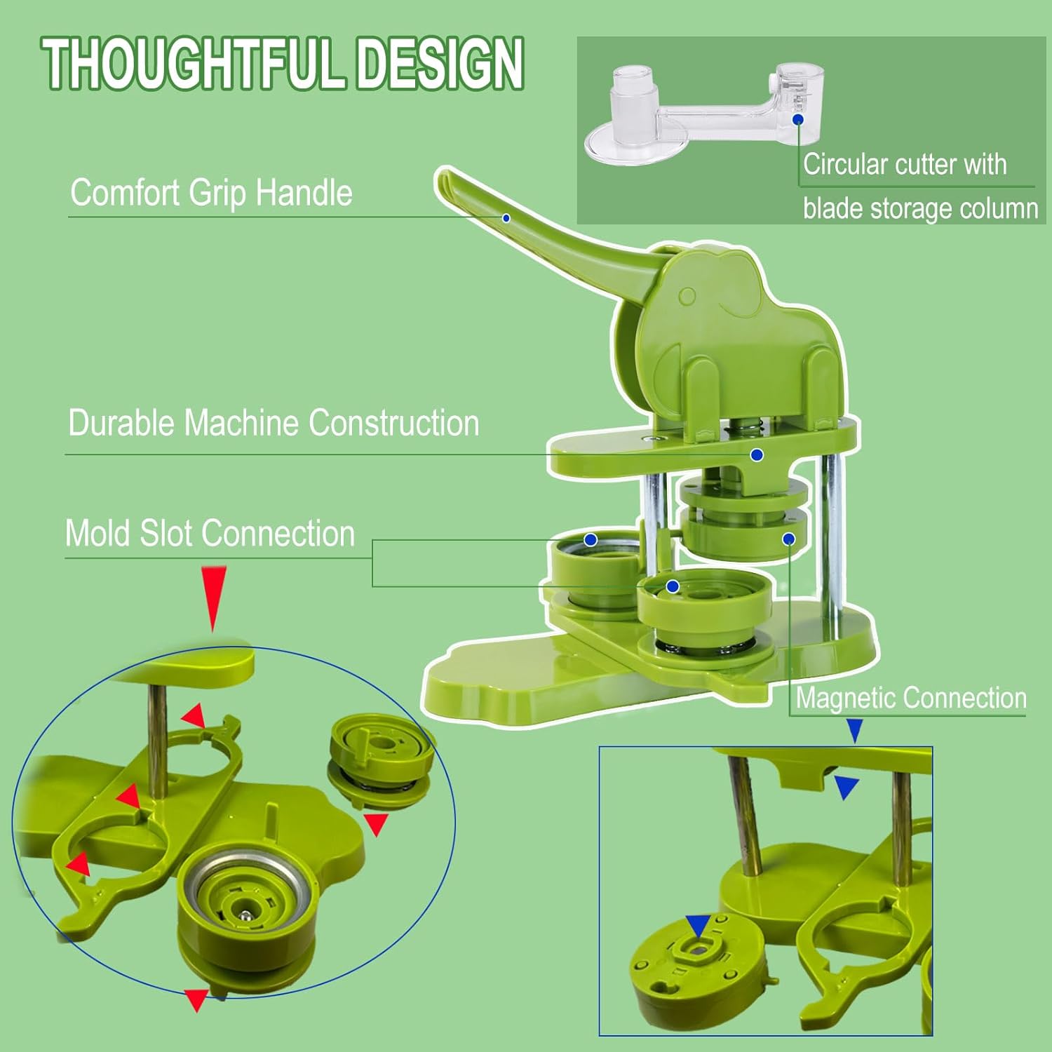 Button Maker Machine 58mm (2.25 in) Installation-Free, DIY Button Pin Maker Machine, Button Badge Press Machine with Free 50pcs Button Maker-Green