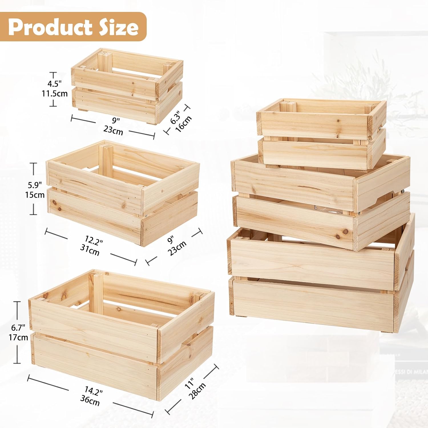 Oairse Set of 3 Rustic Wooden Storage Crates - Vintage Wood Storage Boxes with Handle for Home Organization Wooden Container Boxes Wood Baskets for Display Kitchen Pantry Cabinet, Shelf, Counter