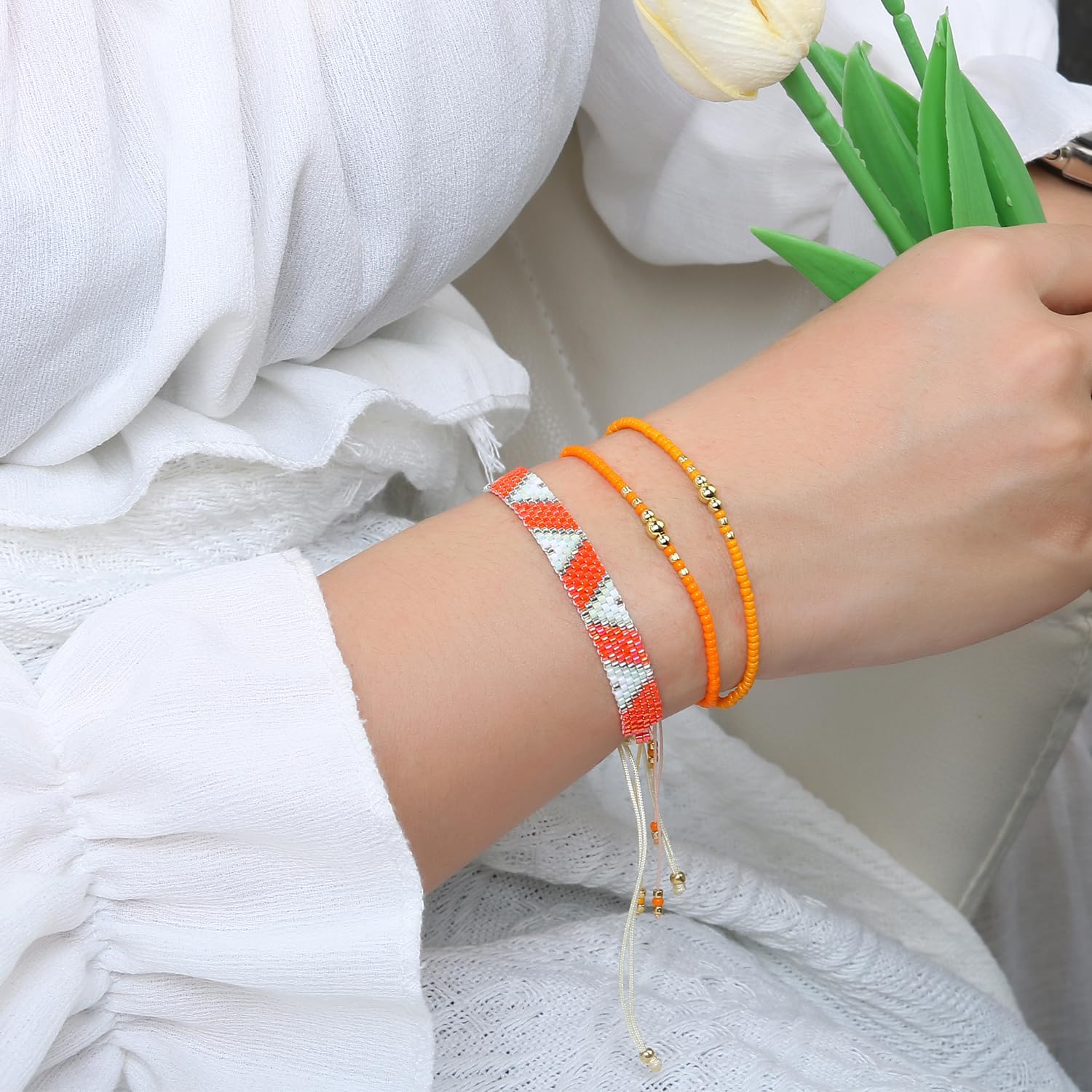 KELITCH Rainbow Strand Bracelets Stackable Miyuki Bead Bracelets Women Friendship Bracelets Bohemian Jewelry (Orange 48O)