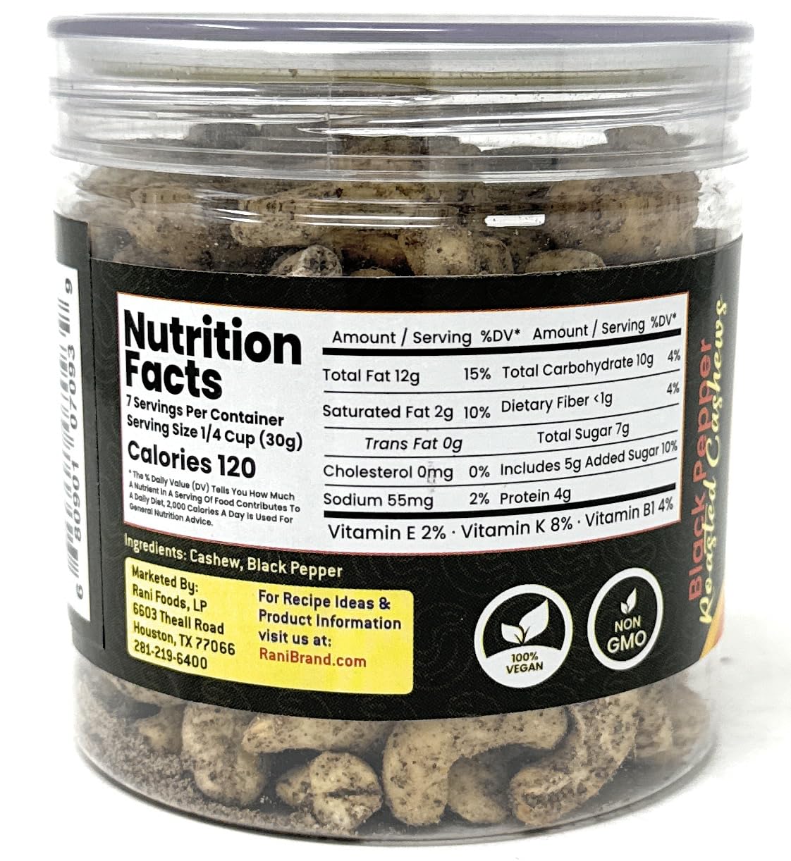Rani Black Pepper Roasted Cashews 7oz (200g) PET Jar, Pack of 6, Non-Fried, Oil Free ~ All Natural | Vegan | Gluten Friendly | NON-GMO | Kosher | Air Roasted, Crunchy & Flavorful image 2