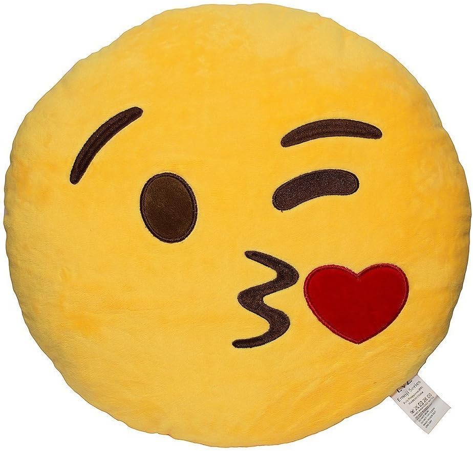 EvZ Official Certified Throwing Kiss Plush Pillow - 32cm Large Soft Winking Face Emoticon Cushion with Red Heart - Cute Romantic Decorative Stuffed Toy for Girlfriend, Kids & Sweet Decor (Yellow)