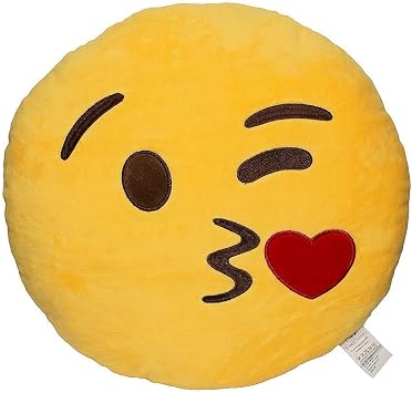 EvZ Official Certified Throwing Kiss Plush Pillow - 32cm Large Soft Winking Face Emoticon Cushion with Red Heart - Cute Romantic Decorative Stuffed Toy for Girlfriend, Kids & Sweet Decor Yellow
