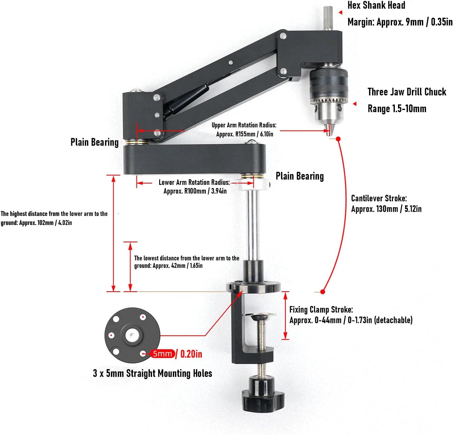 EVGATSAUTO Tapping Machine Flexible Arm Tapping Support Arm CNC Aluminum Alloy Cantilever Bracket 130mm Stroke Horizontal Vertical Use with 0-44mm Detachable Clamp
