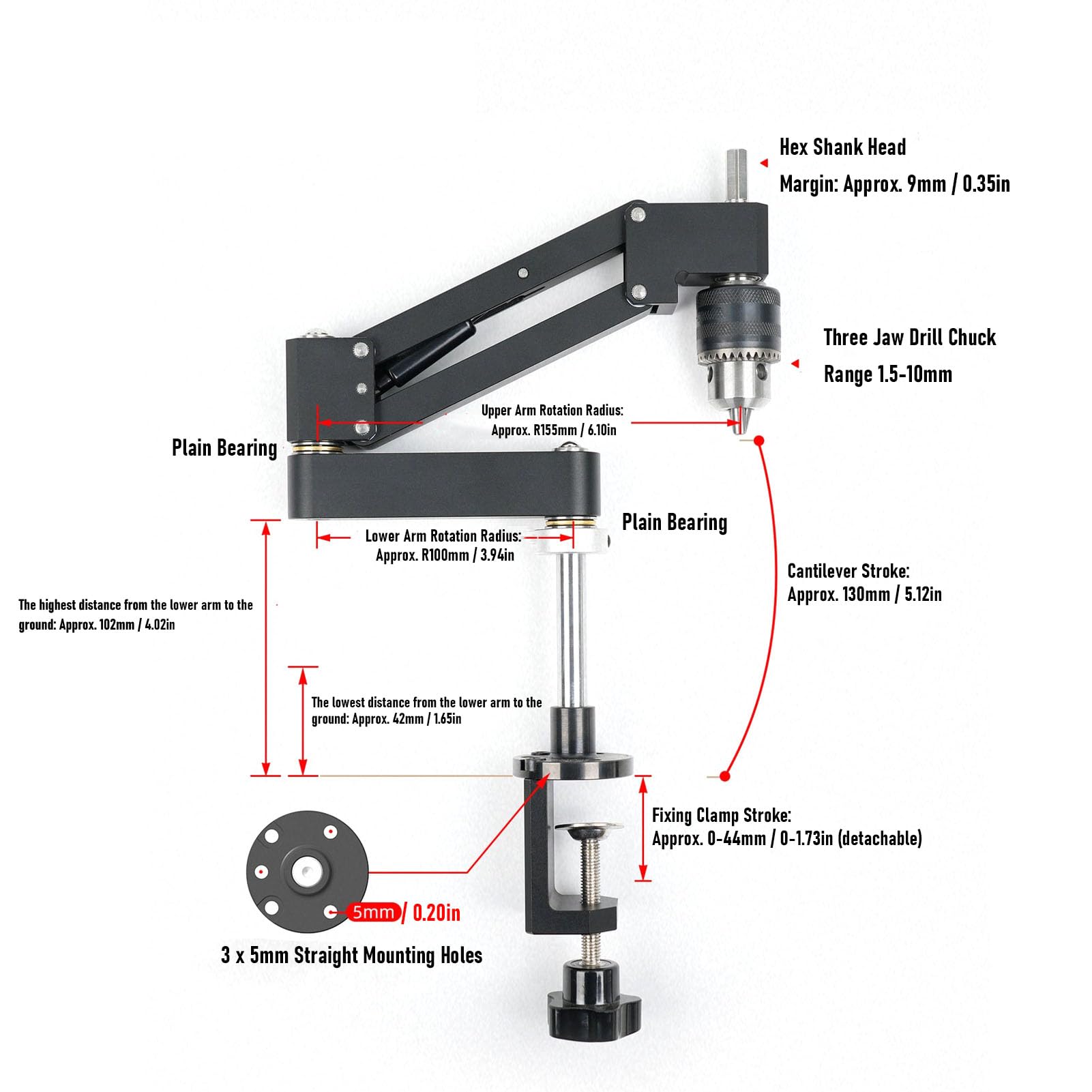 Soporte Voladizo para Roscar, Aleación de Aluminio CNC Brazo Robótico de Carrera de 5,12 Pulgadas Varilla de Soporte Ajustable con Abrazadera de Fijación Brazo Flexible para