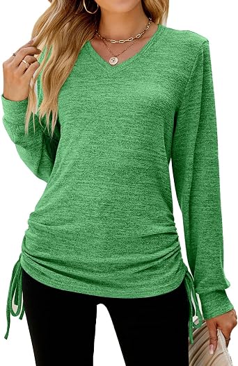 Womens Long Sleeve Shirts Fall Casual V Neck Tees Side Drawstring Tunic Tops