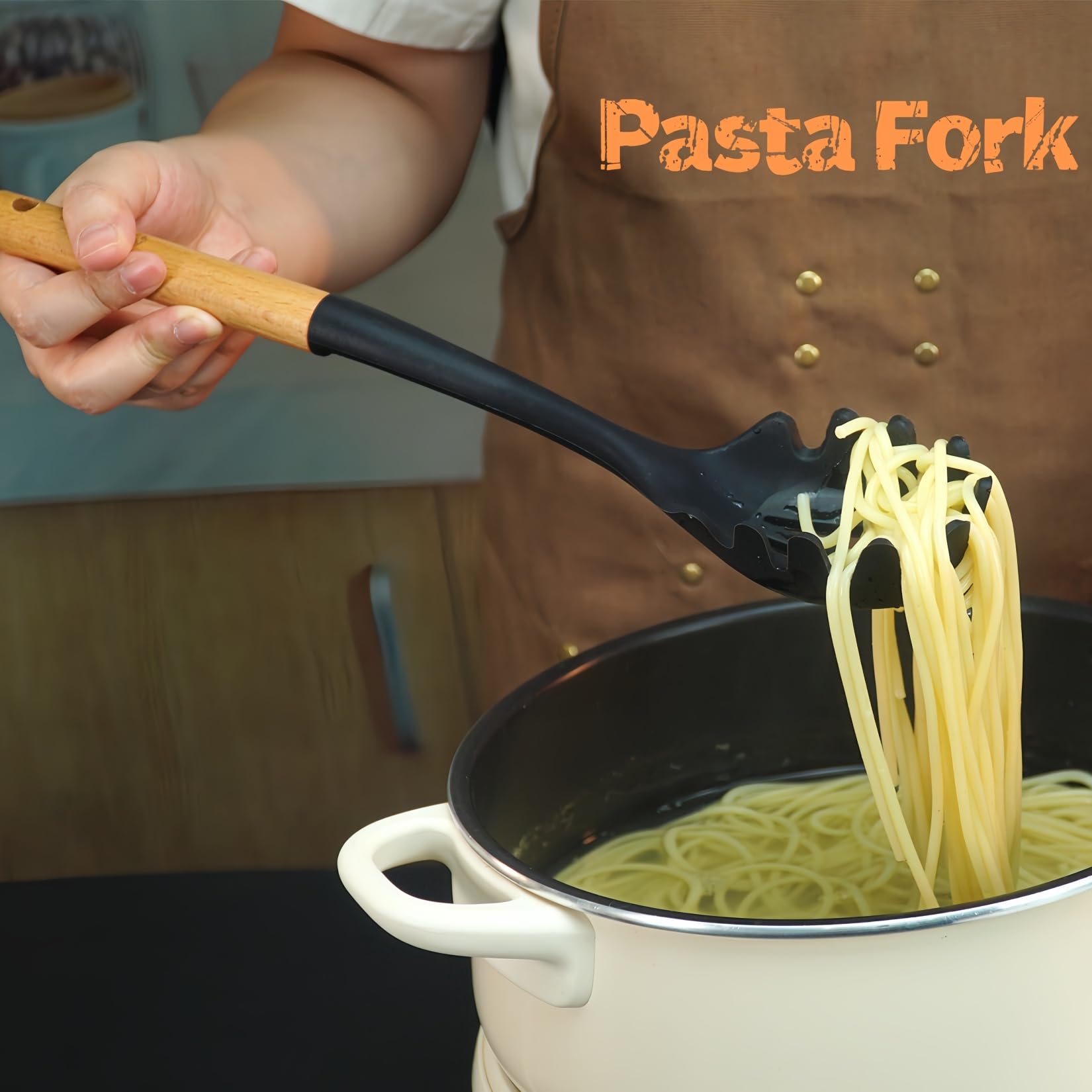 Silikon-Kochlöffel und Pastagabel-Set, 2 Stück, große Spatel, Löffel-Set mit Holzgriff, Antihaft-Multifunktionslöffel zum Kochen, Servieren, Mischen und Spaghetti (schwarz)